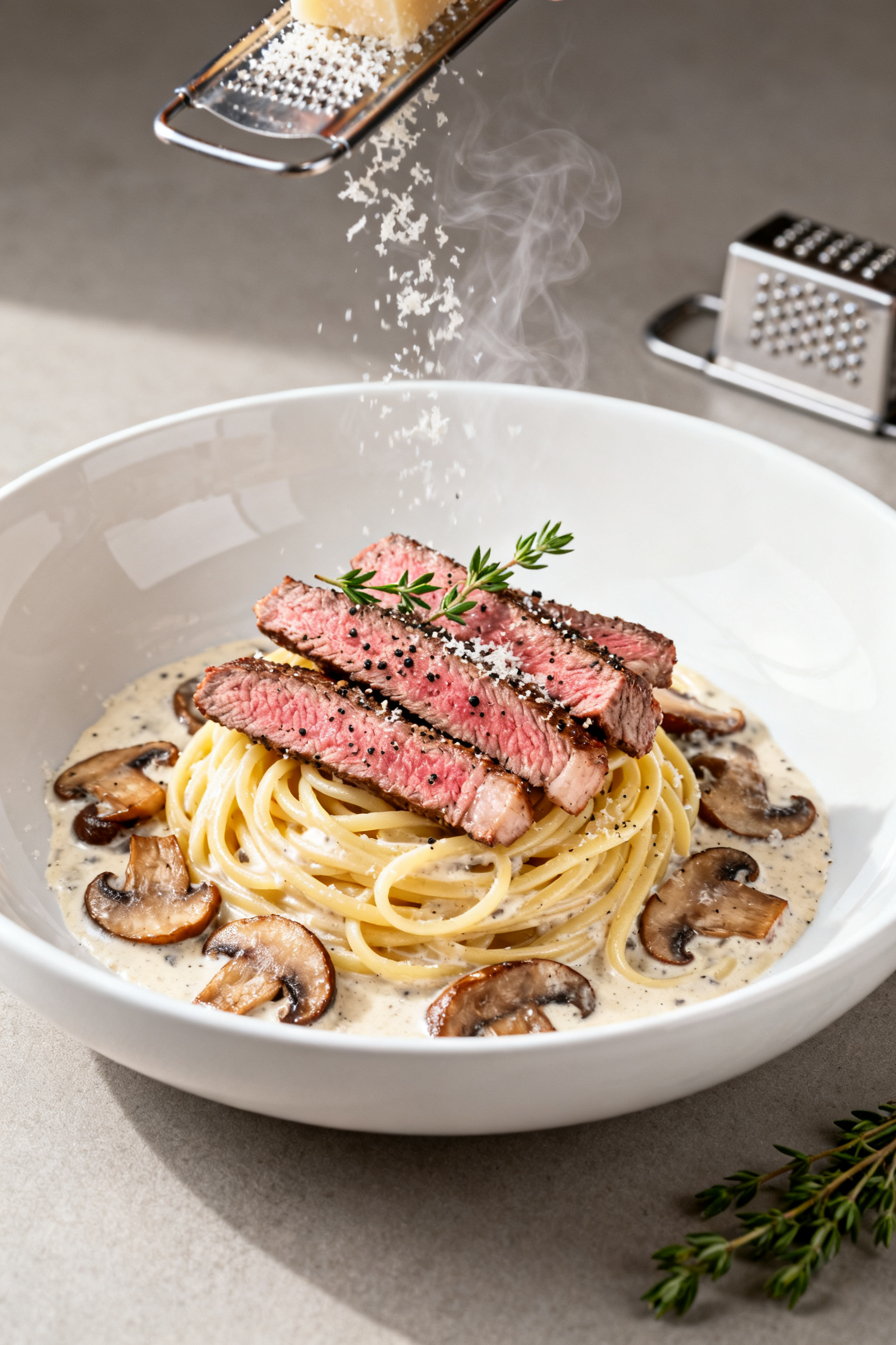 Nothing Left? You Still Have Dinner. → Leftover Steak Recipes — Nothing Left You Still Eat Well - Easy Ways to Turn Last Night’s Steak Into Tonight’s Meal Final plated dish: Creamy steak pasta twirled into a nest on a shallow white bowl—silky Parmesan c