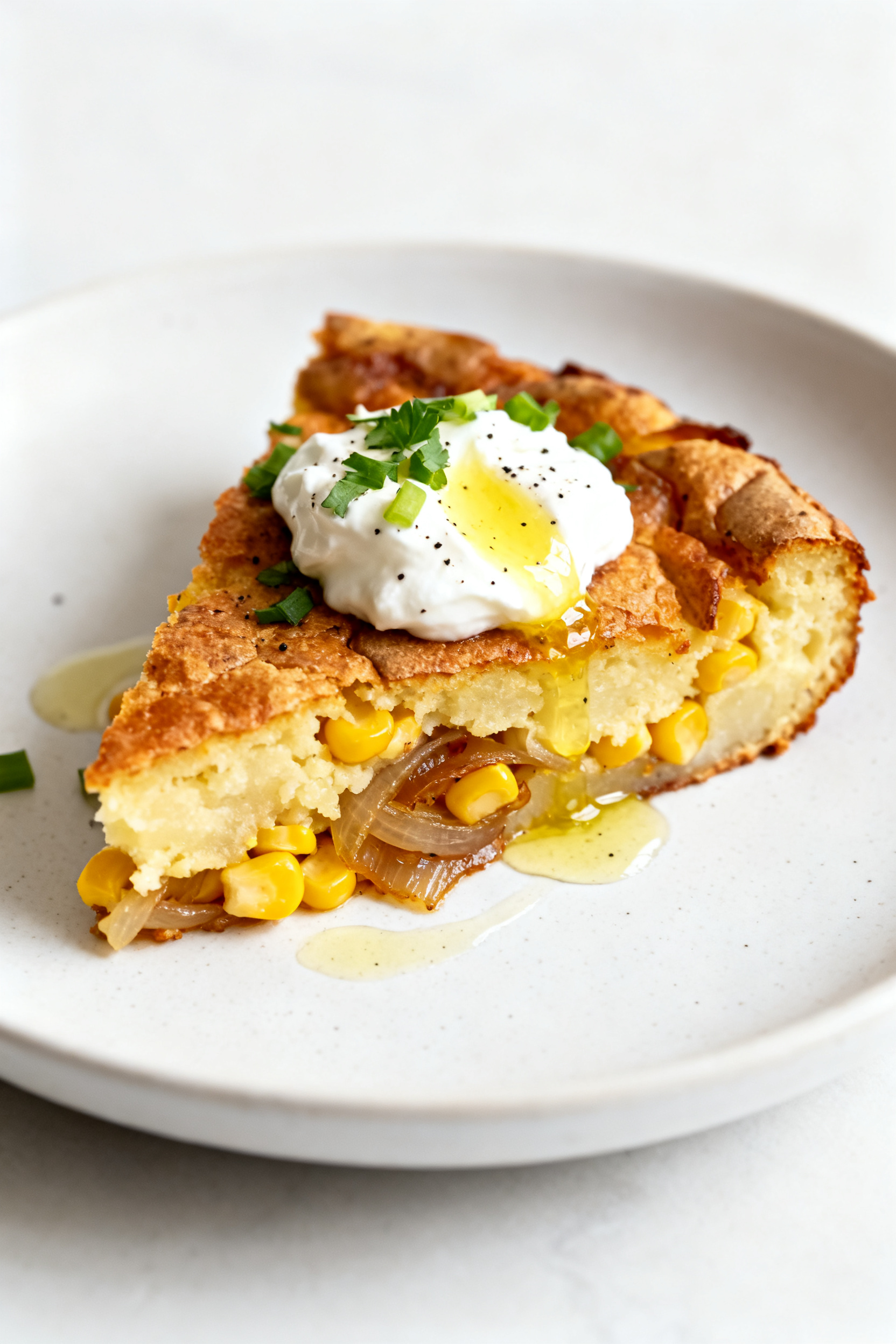 Final plated dish, detail: A single wedge of the potato–corn skillet bake plated on a simple white