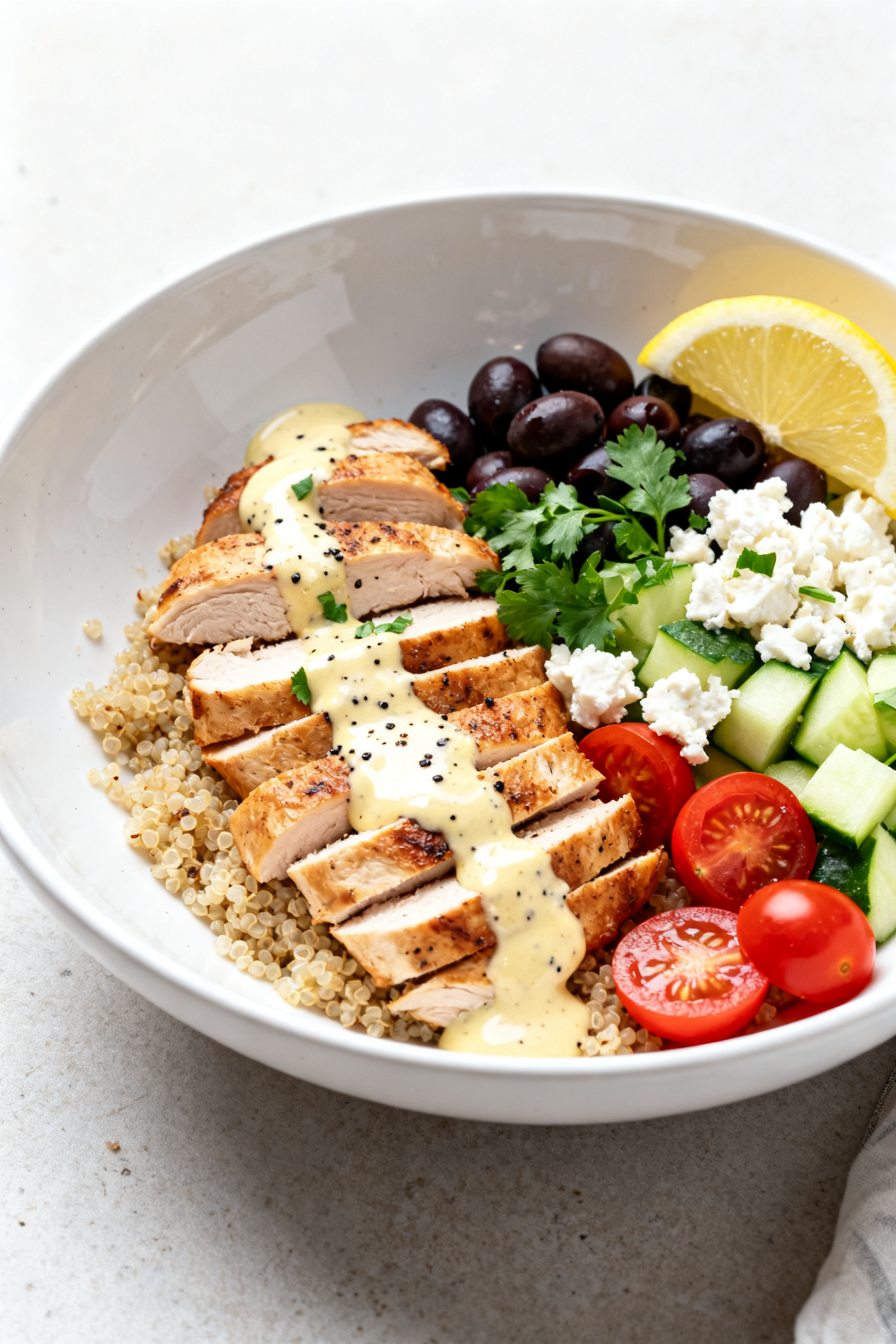 Easy Leftover Meals — Leftovers Worth Looking Forward To - Simple, Smart, and Delicious Final plated dish — Mediterranean Bowl: Beautifully plated quinoa bowl in a wide white ceramic dis