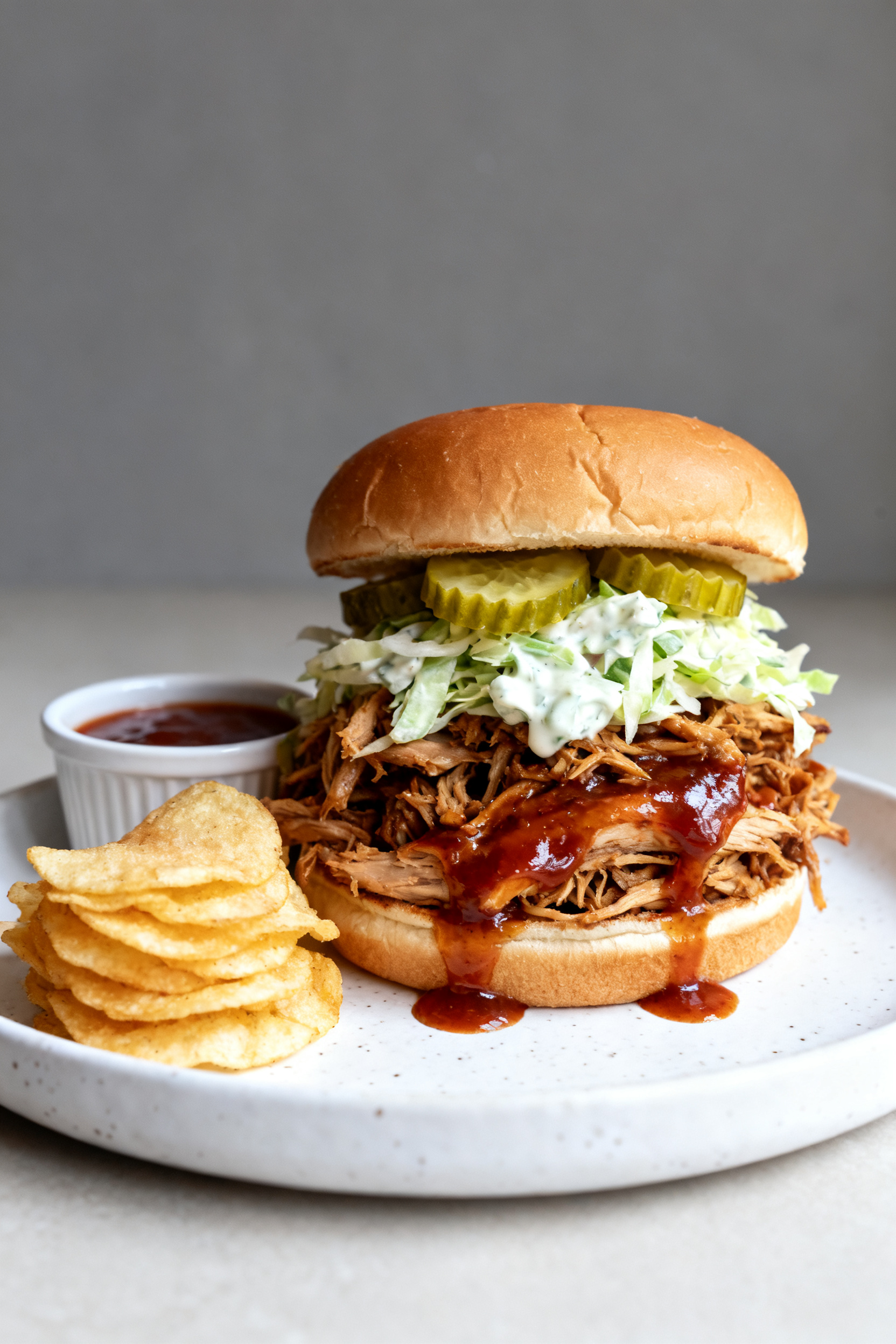 Final plated dish presentation: Stacked BBQ chicken sandwich on a toasted brioche bun, piled high wi