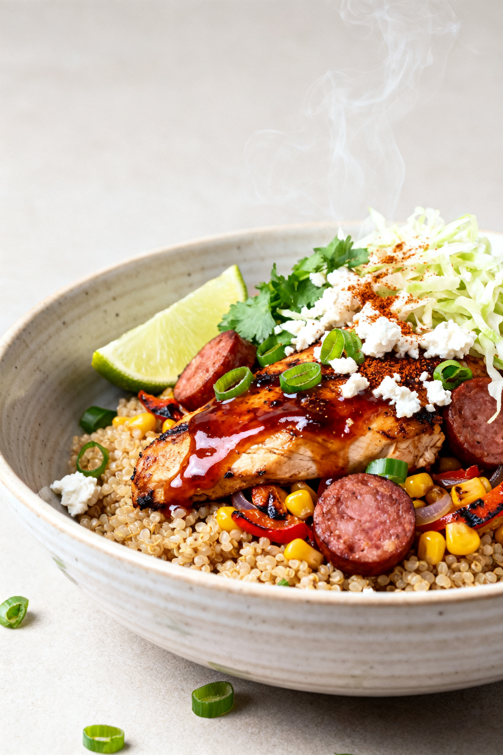 Final plated dish — Restaurant-quality BBQ bowl: warm quinoa base topped with glossy, sauce-brushe