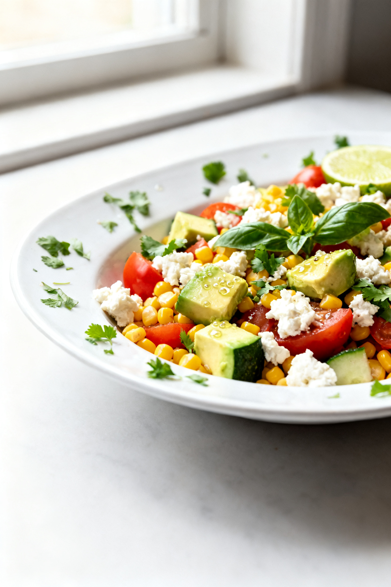 Final plated dish — serving-ready hero shot: Beautifully plated summer corn–tomato–cucumber sa