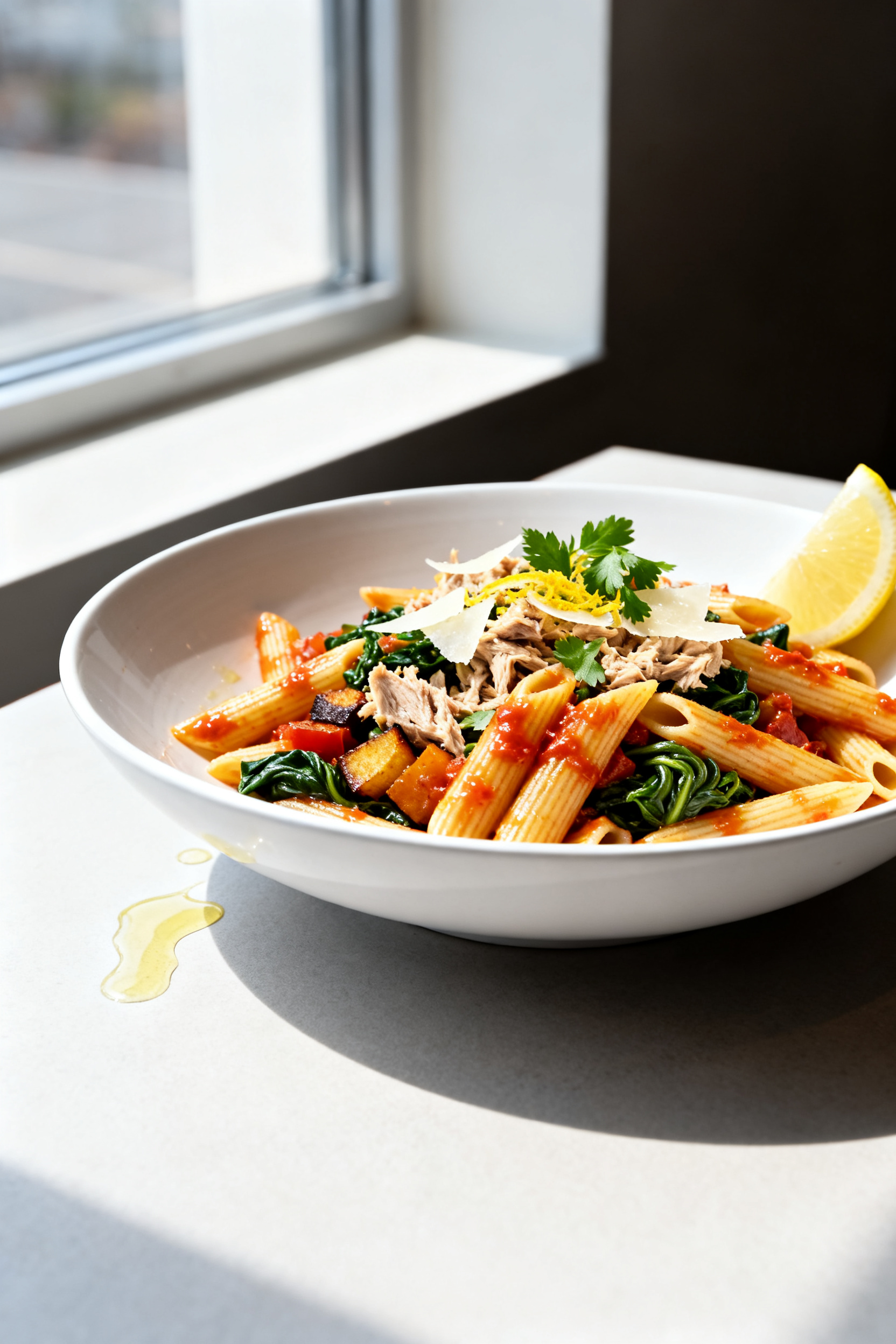 Budget Leftover Recipes - Simple Ways To Turn Extras Into Dinner Final plated dish — Speedy Pasta Toss: Beautifully plated penne pasta glossed with tomato paste–