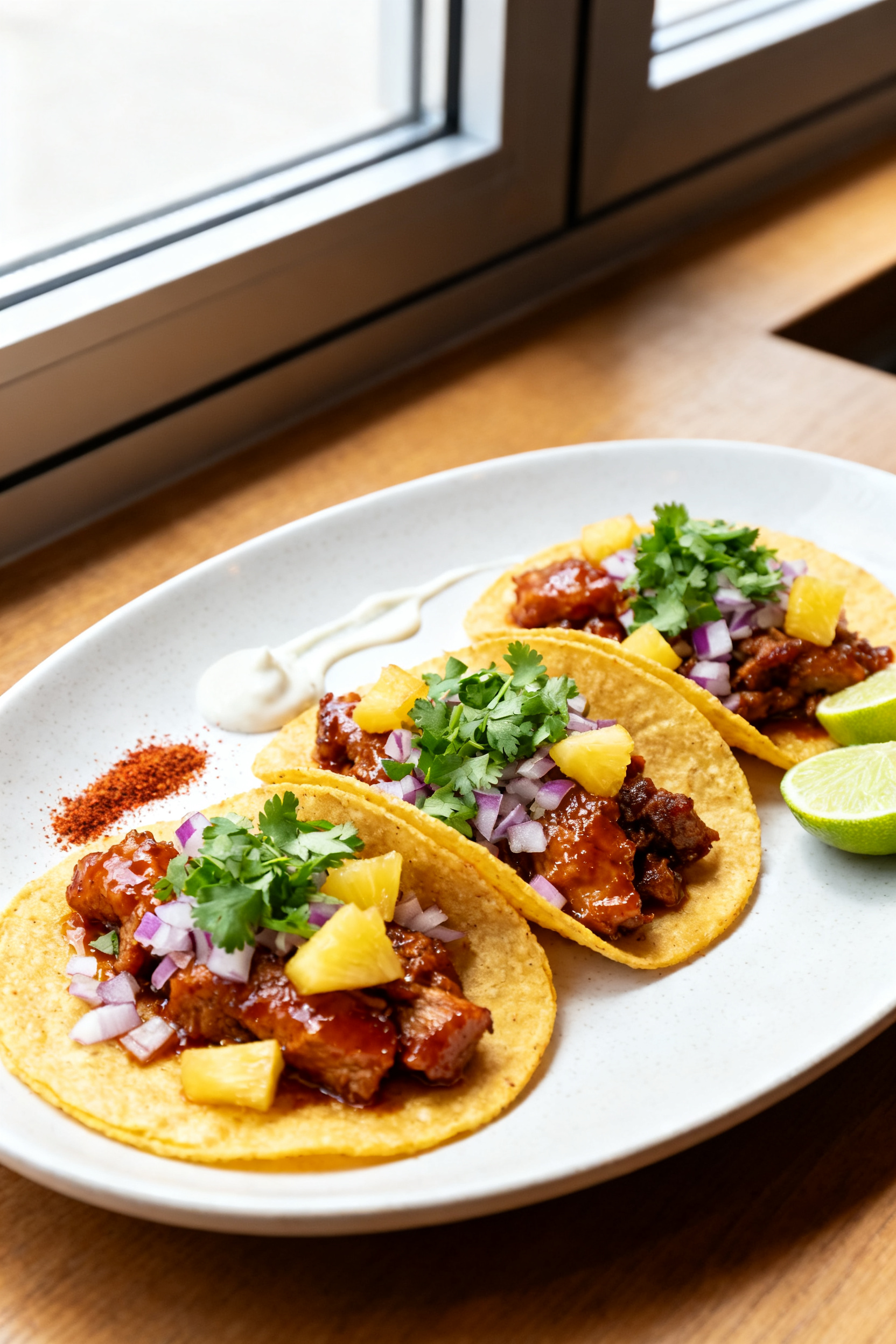 Sweet. Spicy. Gone in 5 Minutes. → "Leftover Taco Meat Recipes — Sweet Spicy Gone in 5 Min" - Fast, Flavor-Packed Ideas Final plated dish: Street-style tacos plated on a matte white oval plate—three warm corn tortillas