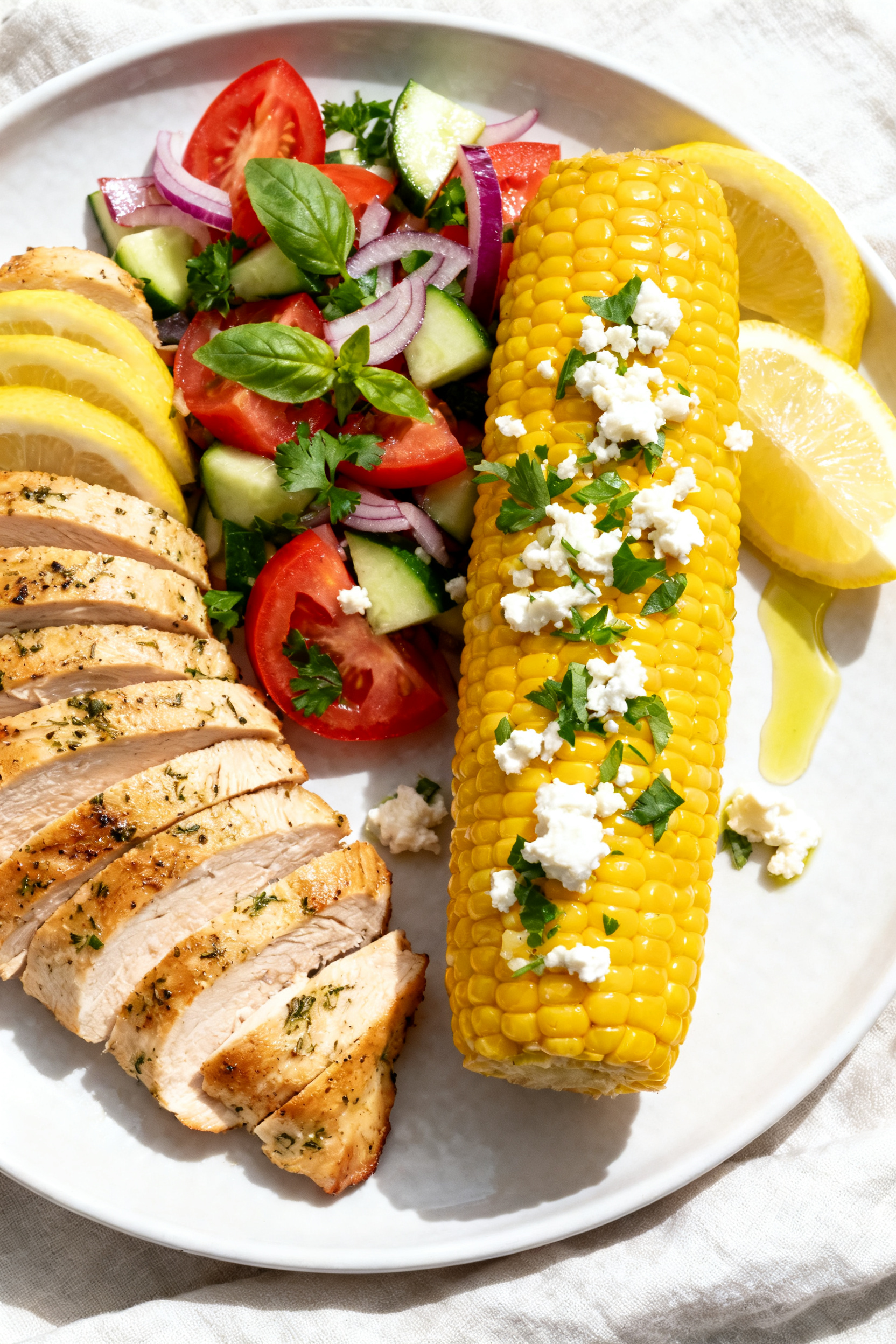 Healthy Summer Dinner Recipes — Fresh Easy Family Favorite - Light, Flavorful, and Weeknight-Friendly Final plated dish, tasty top view: Overhead shot of a summer dinner plate with sliced lemon-herb chi