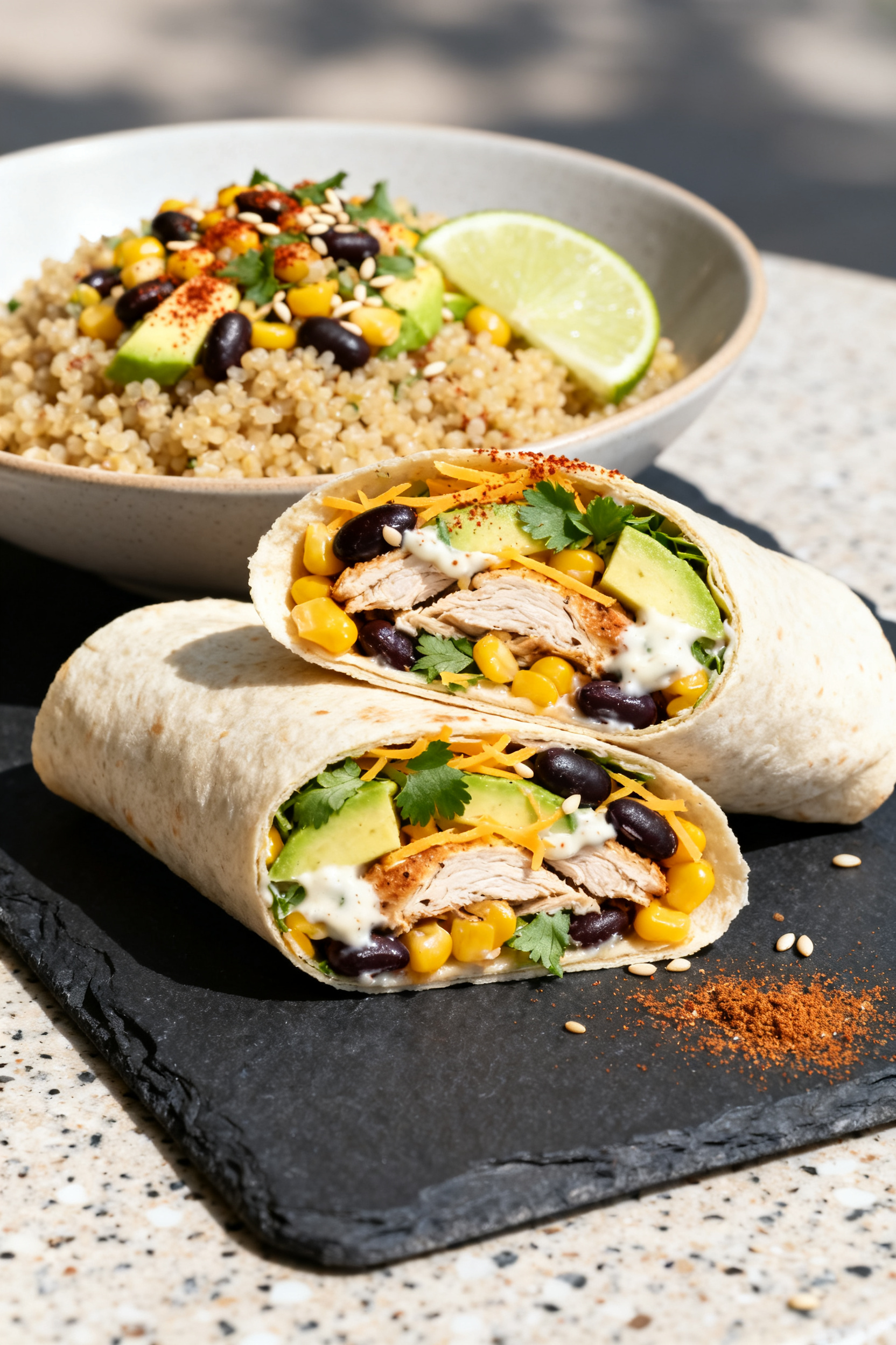 Final plated dish — Tex-Mex variation wrap and bowl duo: hero close-up of a sliced tortilla wrap p