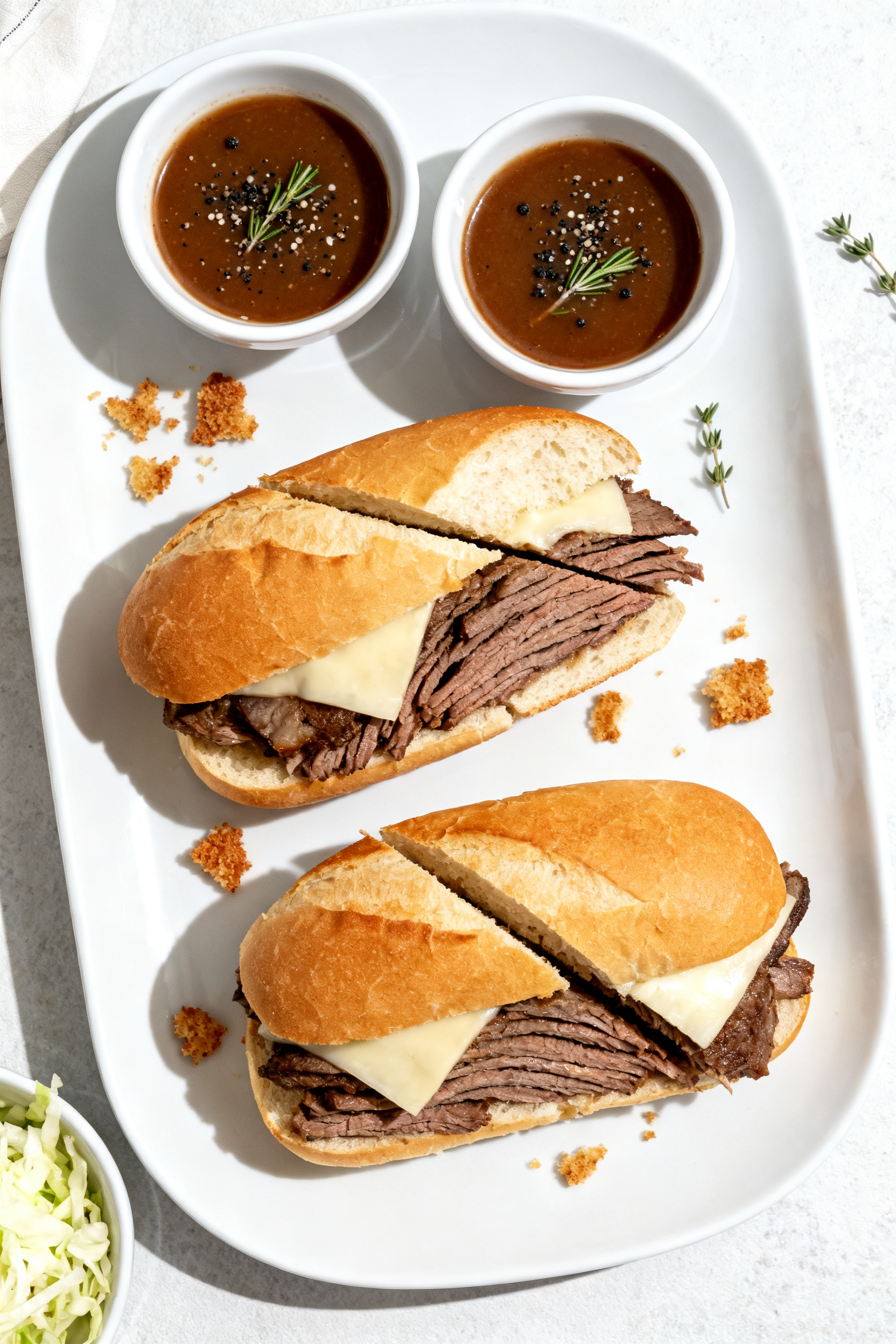 Leftover Roast Beef — Easy 10-Minute French Dip Sandwiches Final plated dish, top view: Tidy top-down composition of two French dip sandwiches on a matte white