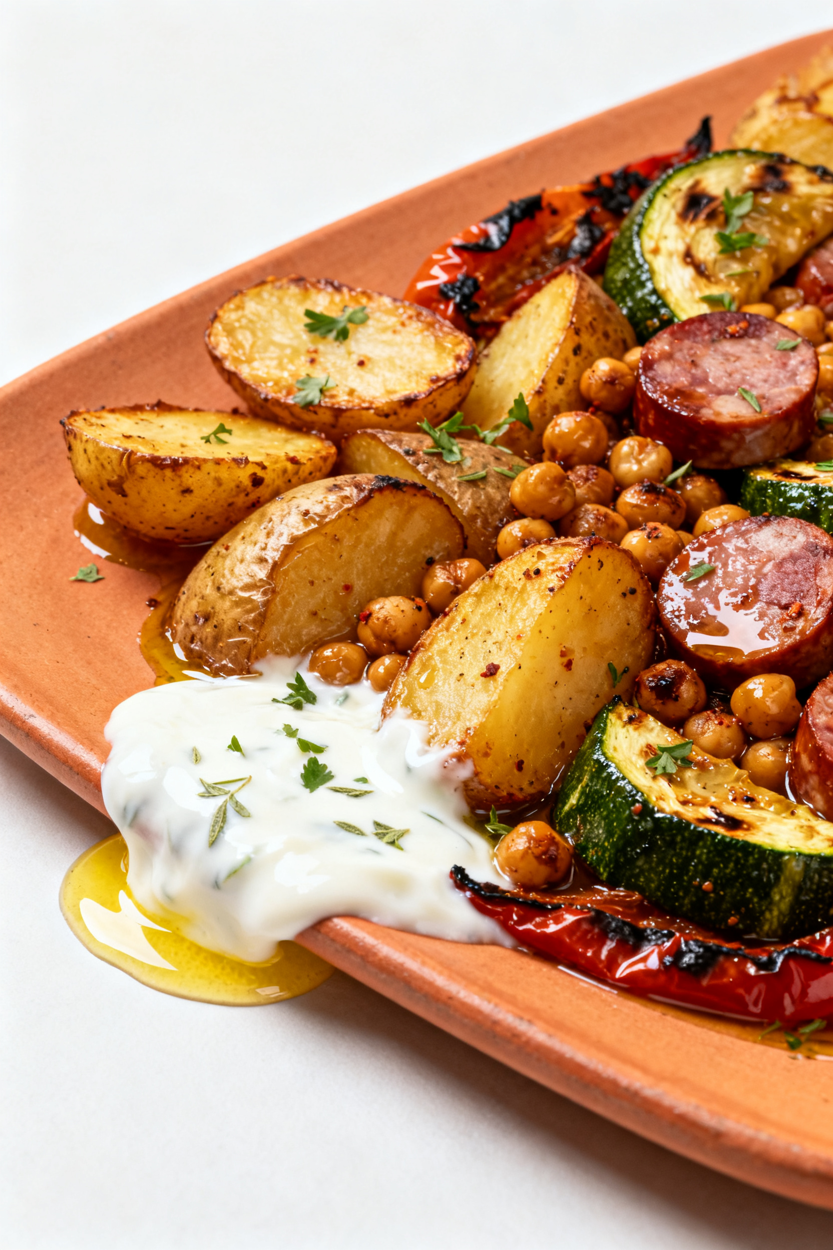Final plated dish — Tray-Bake “Anything” Dinner: Beautifully plated roasted medley of crispy-e
