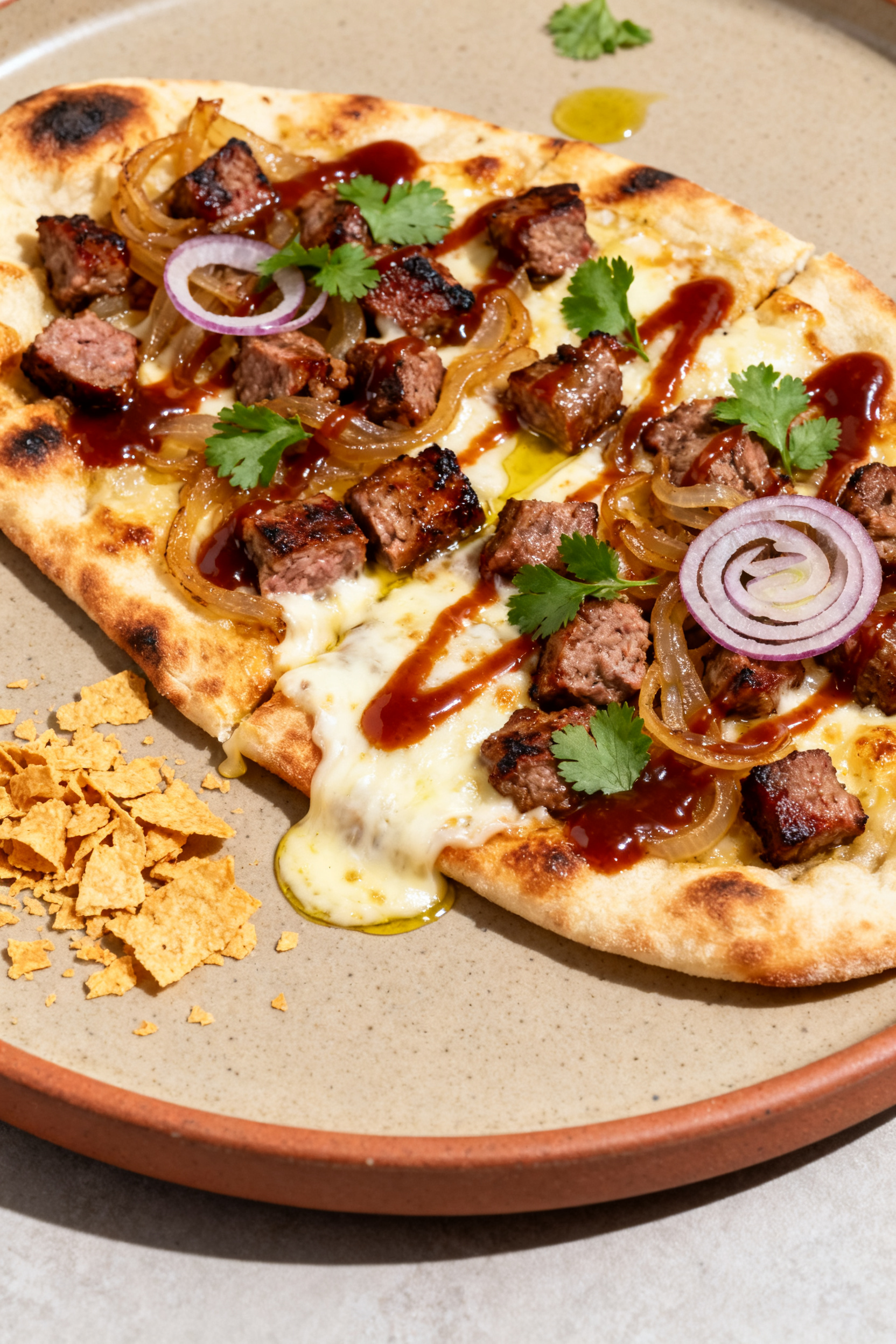 Summer Dinner Recipes Grill — Easy BBQ Leftover Dinner - A Simple Way to Reinvent Cookout Extras Final plated flatbread: Beautifully plated BBQ flatbread made from chopped grilled sausage and onion