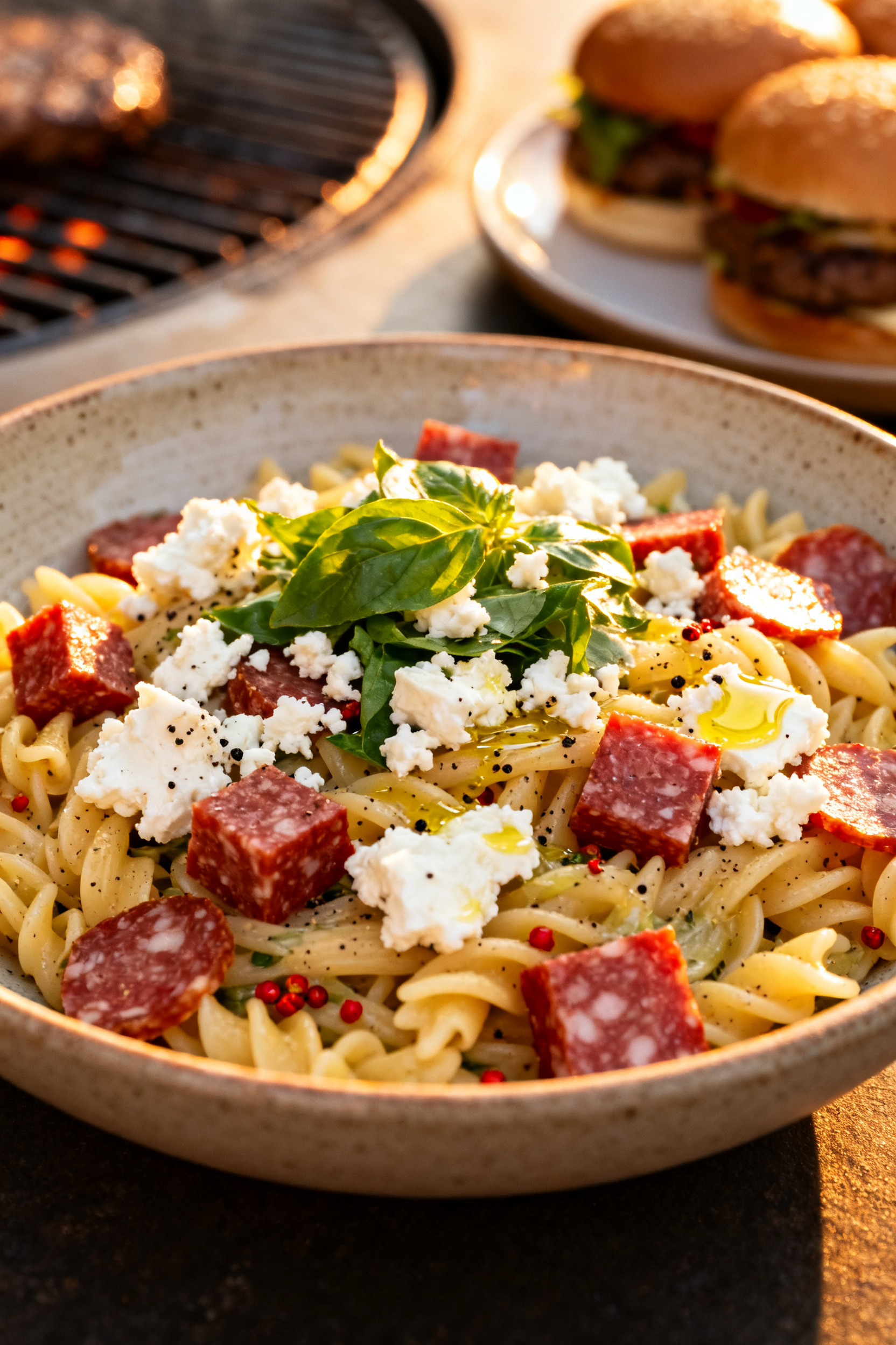Final plated hero: Restaurant-quality presentation of the pasta salad served in a shallow stoneware 