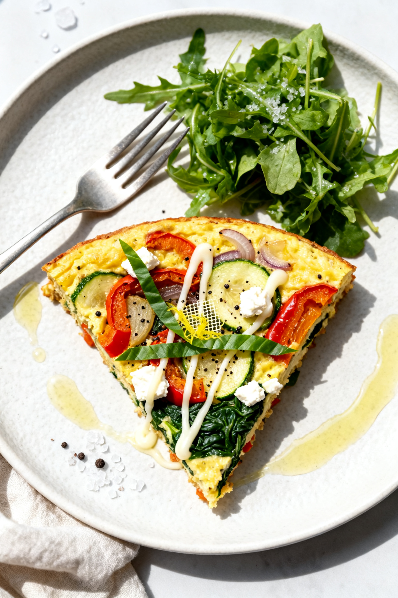 Final plated — Overhead hero slice: top-down shot of a wedge of leftover veggie frittata on a matt