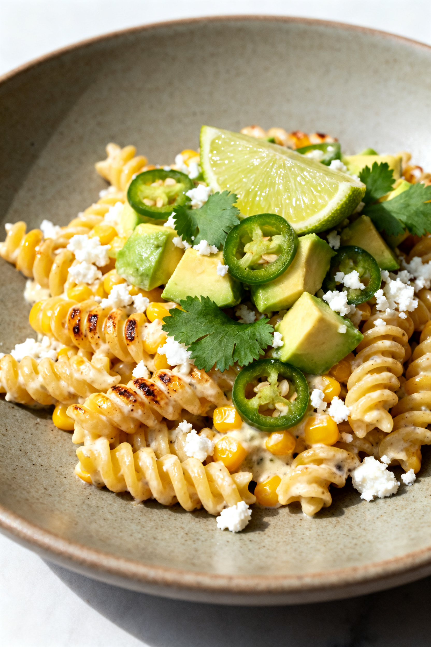 Final plated presentation, close-up: Restaurant-quality plated serving of creamy street corn pasta s