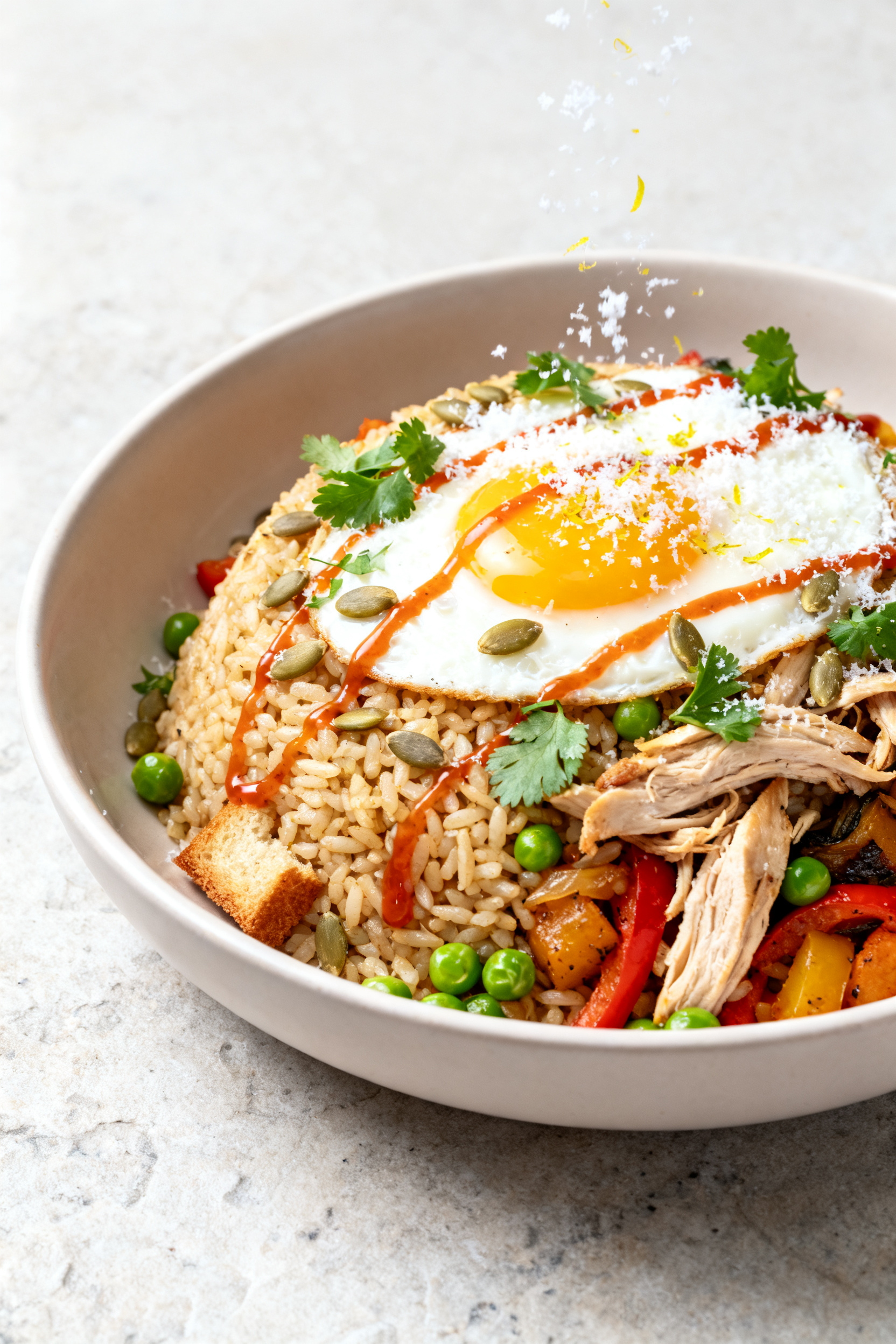 Final plated presentation: Restaurant-quality bowl of the skillet-style rice, beautifully plated—m