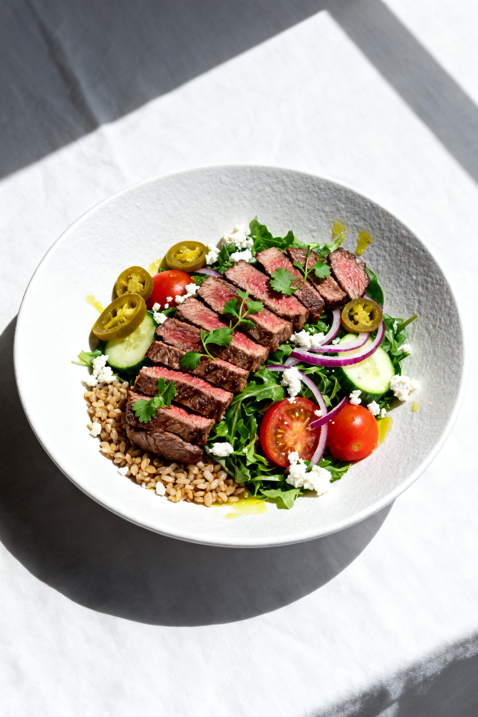 Final plated — Restaurant-quality presentation: Beautifully plated steak-and-greens bowl on a matt