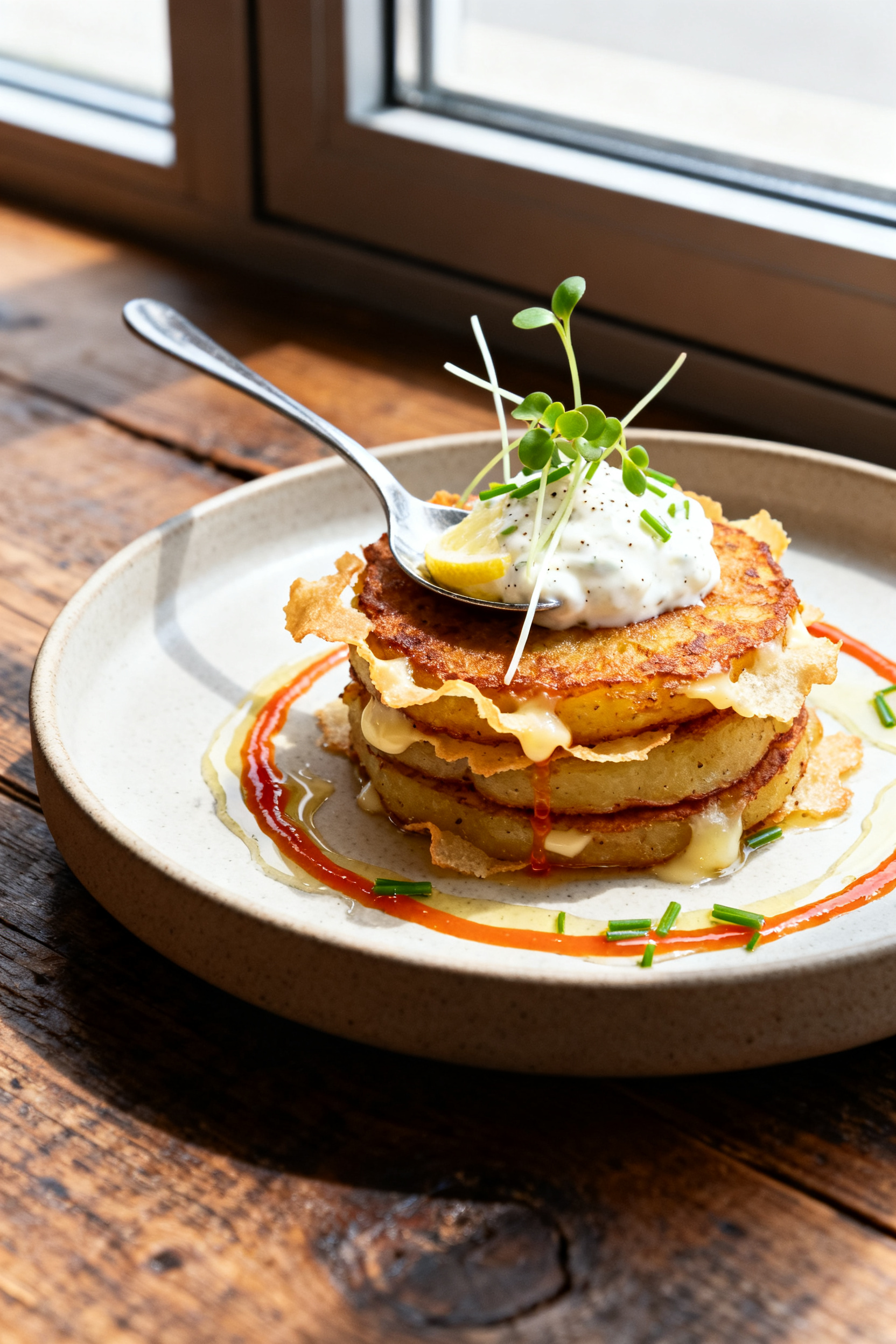Fridge Almost Empty? Make This Tonight → Leftover Mashed Potatoes Almost Gone — Make This Tonight - Crispy Potato Cakes With Quick Pantry Toppings Final plated, restaurant-quality presentation: Stacked potato cakes with melted Parmesan frico-like