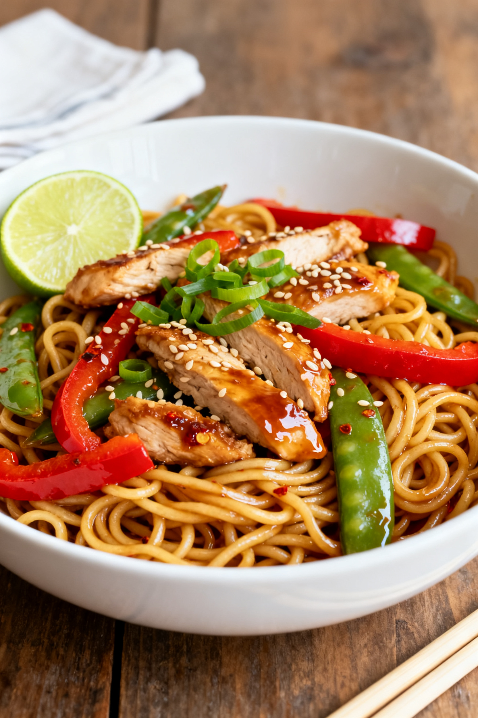Final plated saucy noodles: beautifully twirled lo mein-style noodles in a shallow white bowl, coate