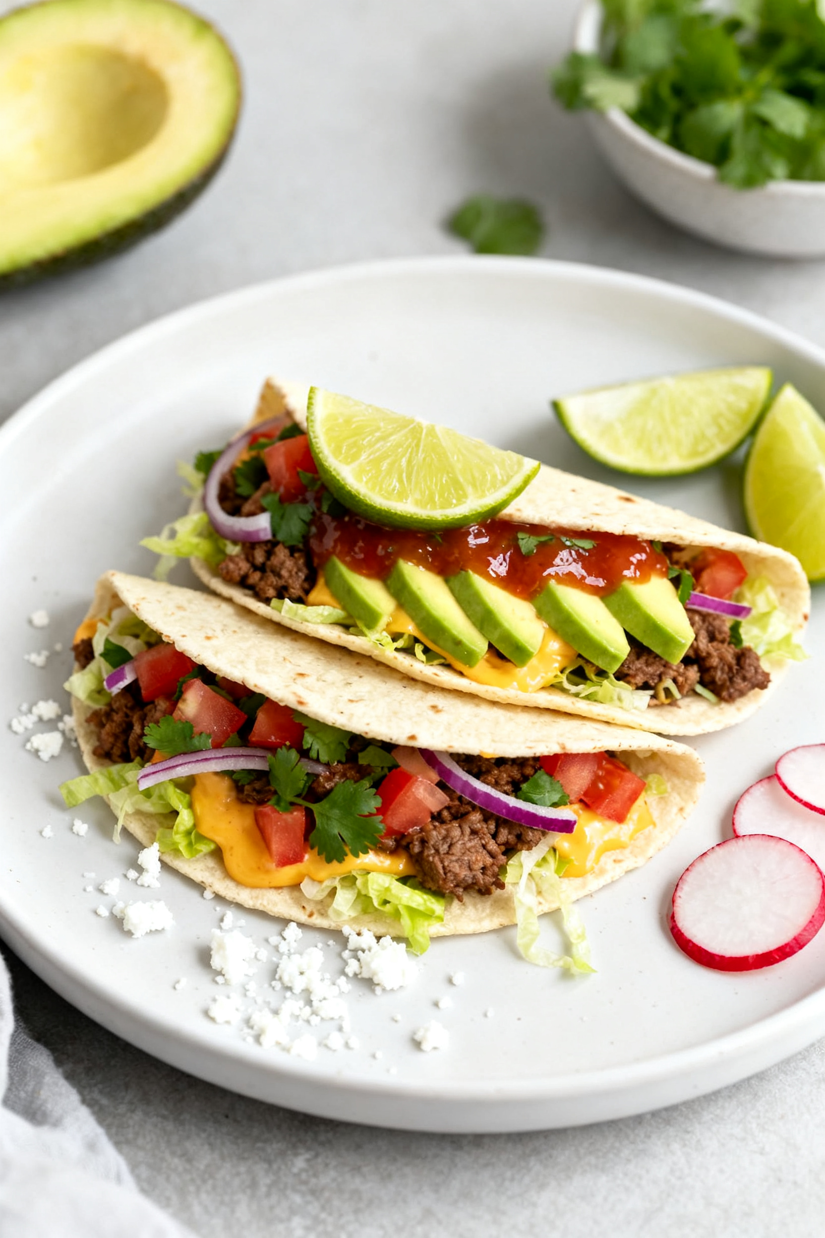 Final plated tacos — Two soft corn tortillas stacked and filled: hot, seasoned beef topped with ju