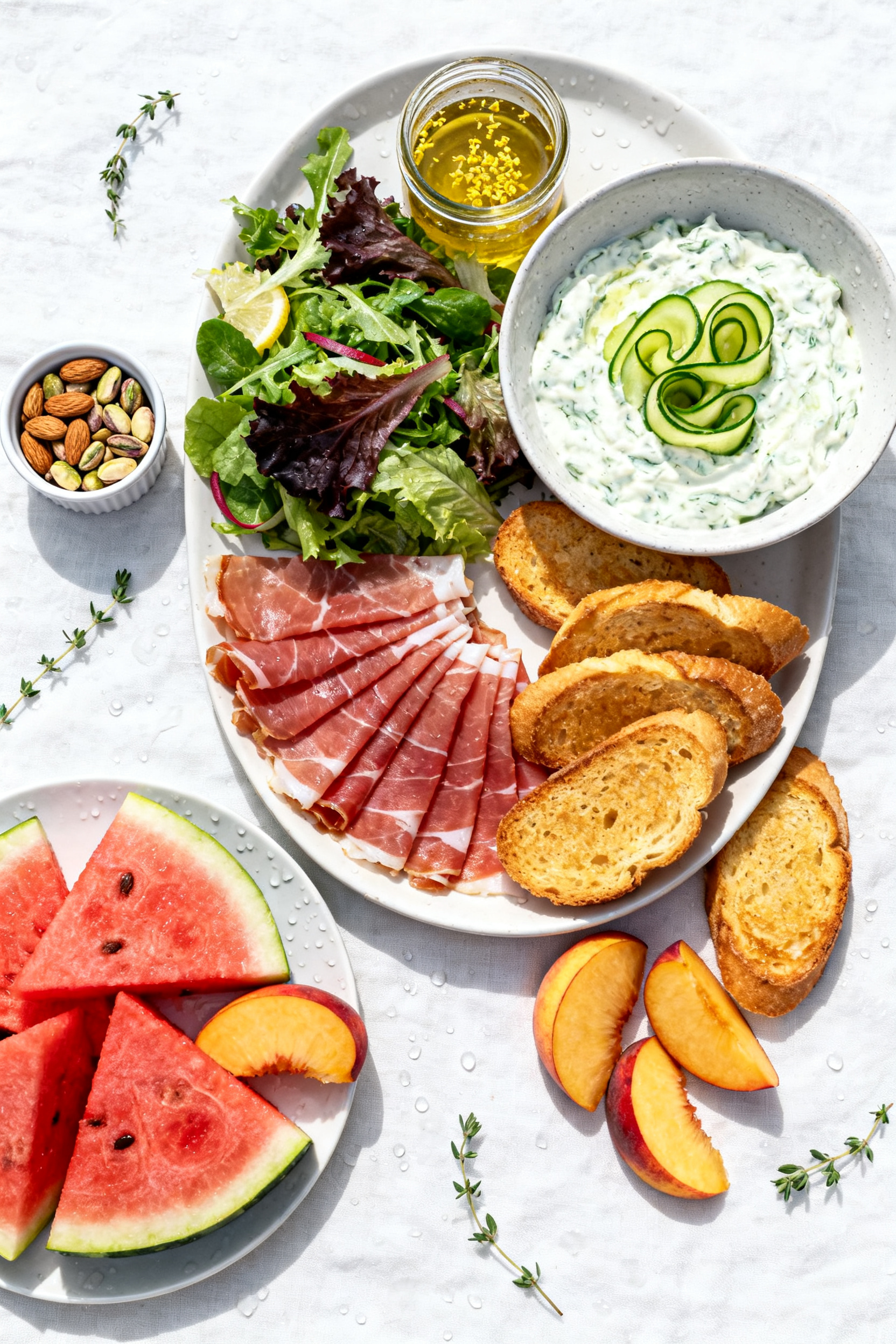 Final presentation board, tasty top view: a generous summer grazing spread styled for serving—cent