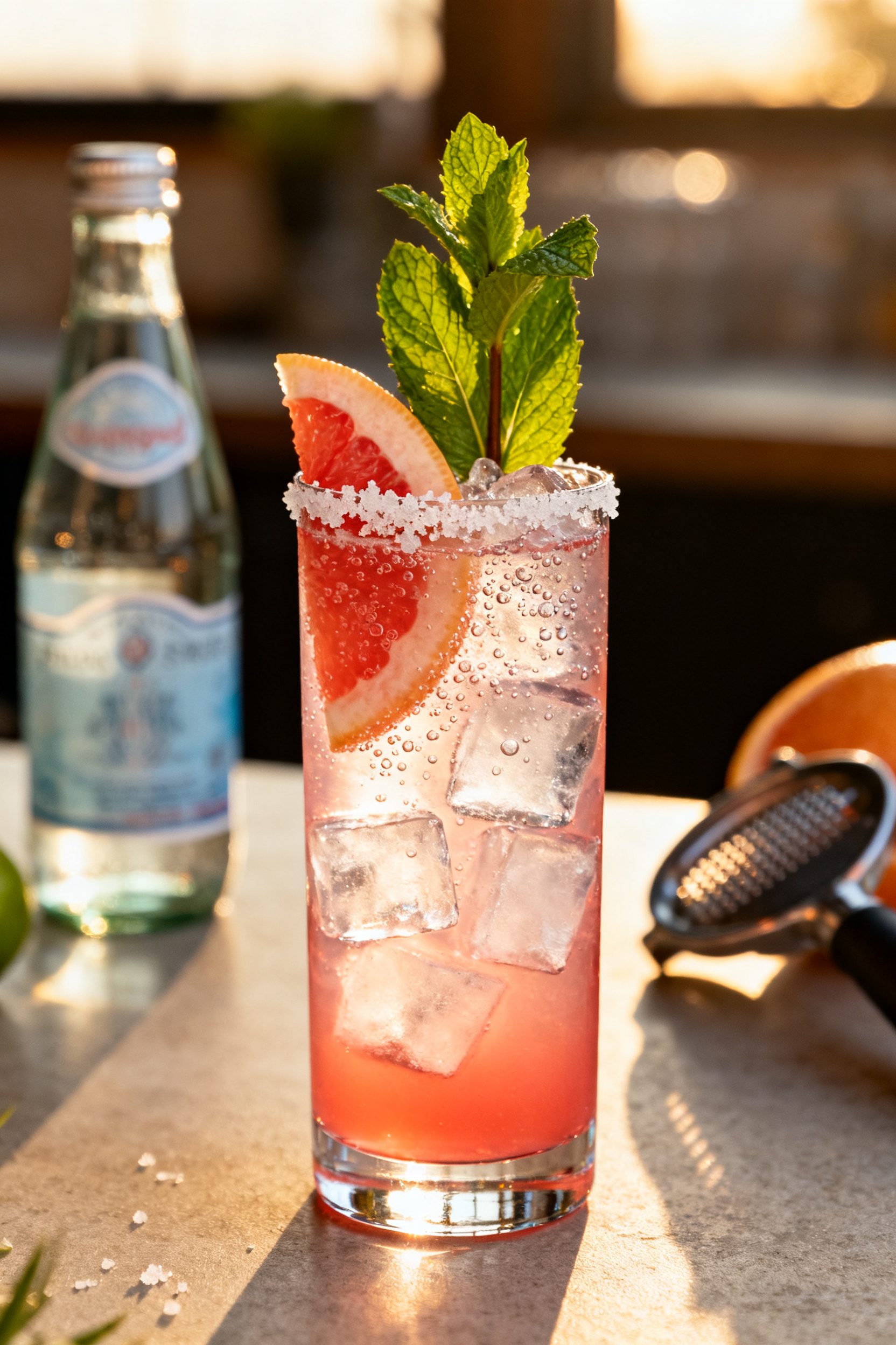 Summer Cocktail Recipes — The Cocktail Everyone Talks About - Bright, Refreshing, Crowd-Pleasing Final presentation glamour shot of a single perfected cocktail: pale ruby-pink drink in a tall, clea