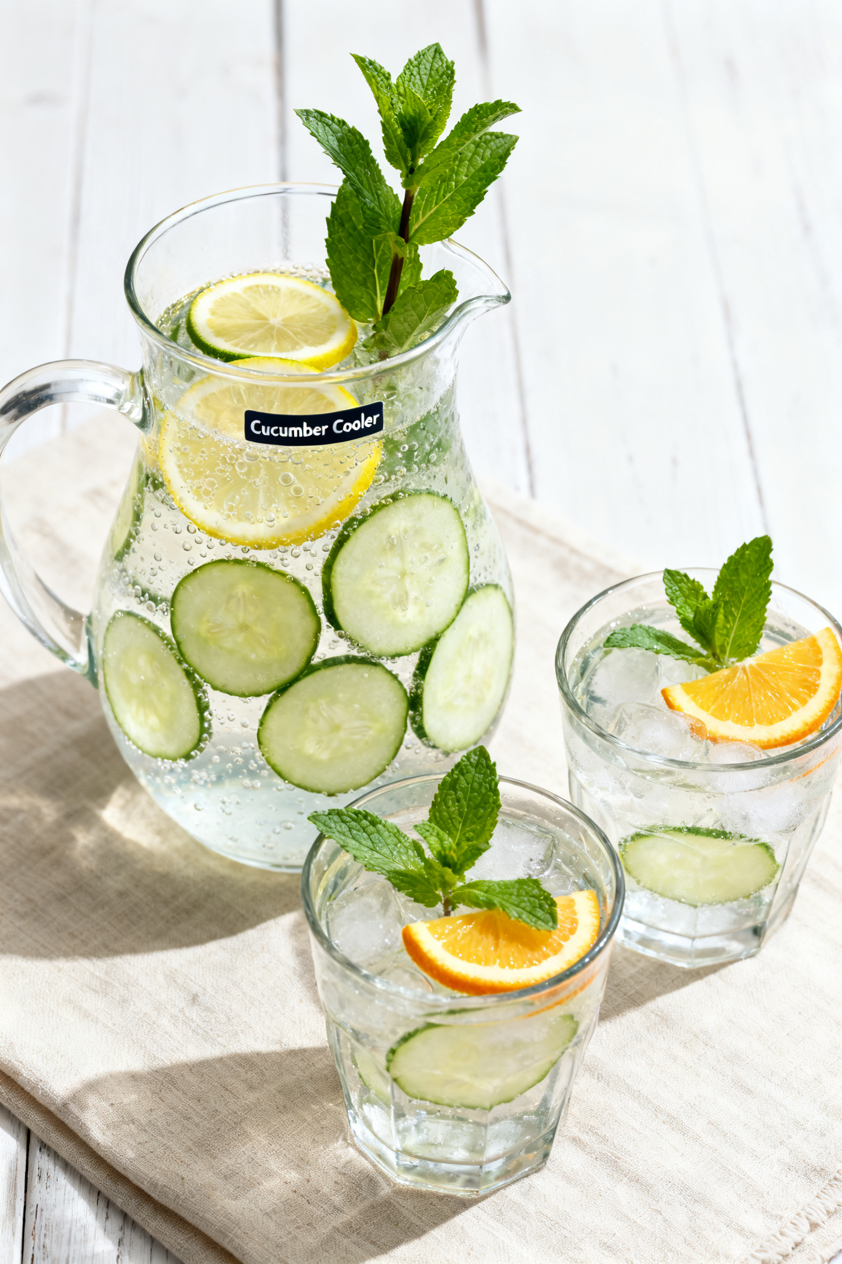 Final presentation (party pitcher): Restaurant-quality scene of a chilled glass pitcher of the finis