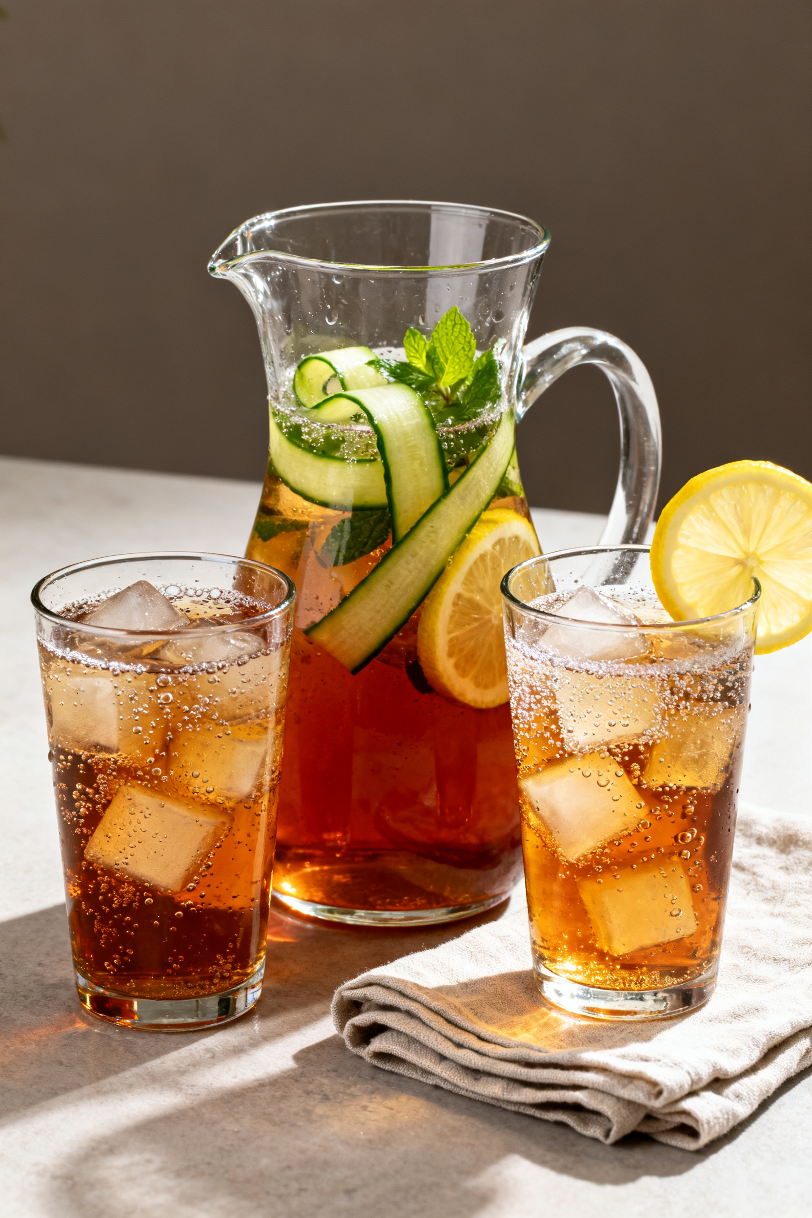 Final presentation (pitcher service): Restaurant-quality scene with a clear glass pitcher and two ma