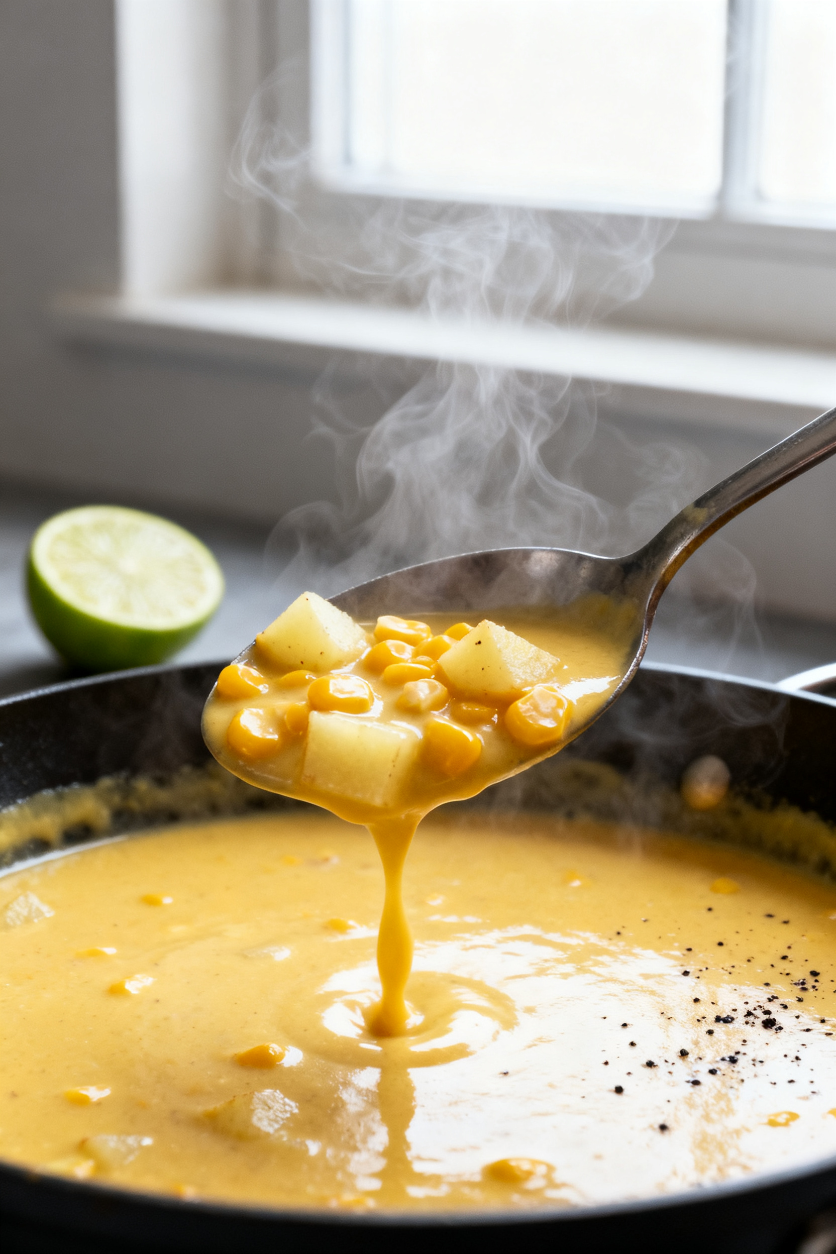 Half-blended soup texture detail: Ladle lifting a velvety, golden corn soup from the pot, showing th