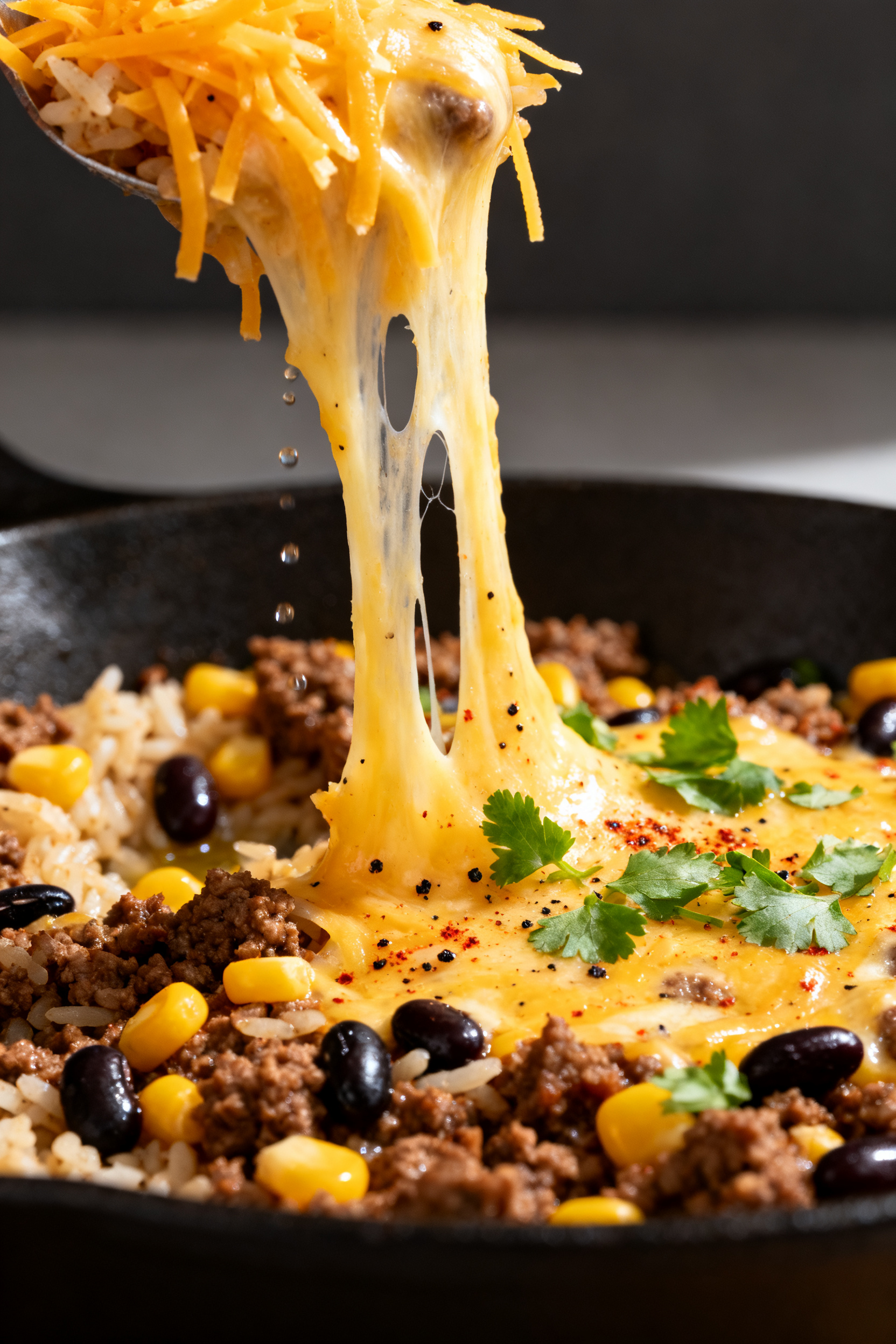 Busy Night? One Pan. Done. → "Leftover Ground Beef Recipes — One Pan Busy Night Done" - A Fast, Flavor-Packed Skillet Meal Melty cheese moment, close-up detail: Tight, shallow depth-of-field macro of the finished skillet ju