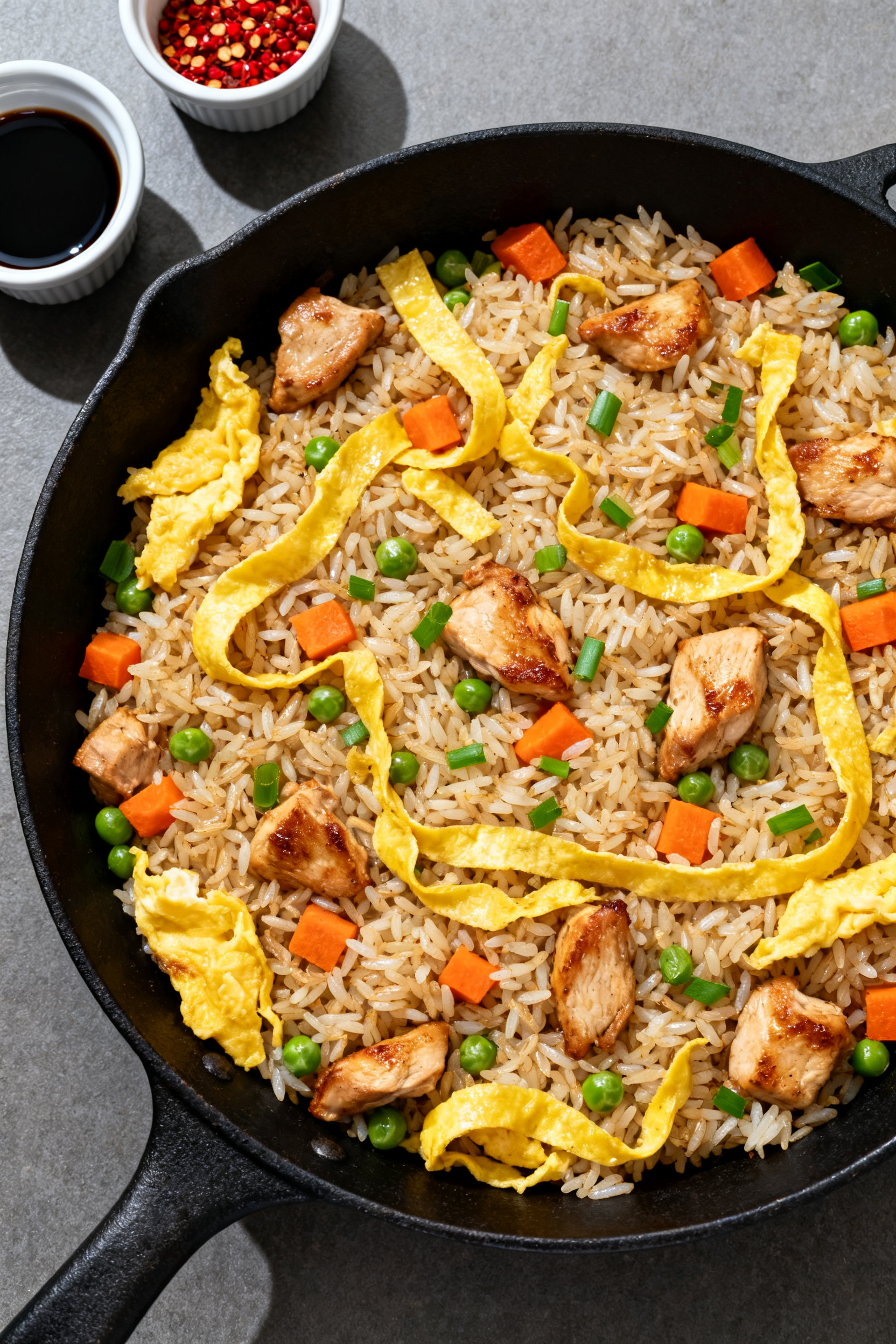 Overhead “better-than-takeout” chicken fried rice: top-down shot of a wide black skillet filled 