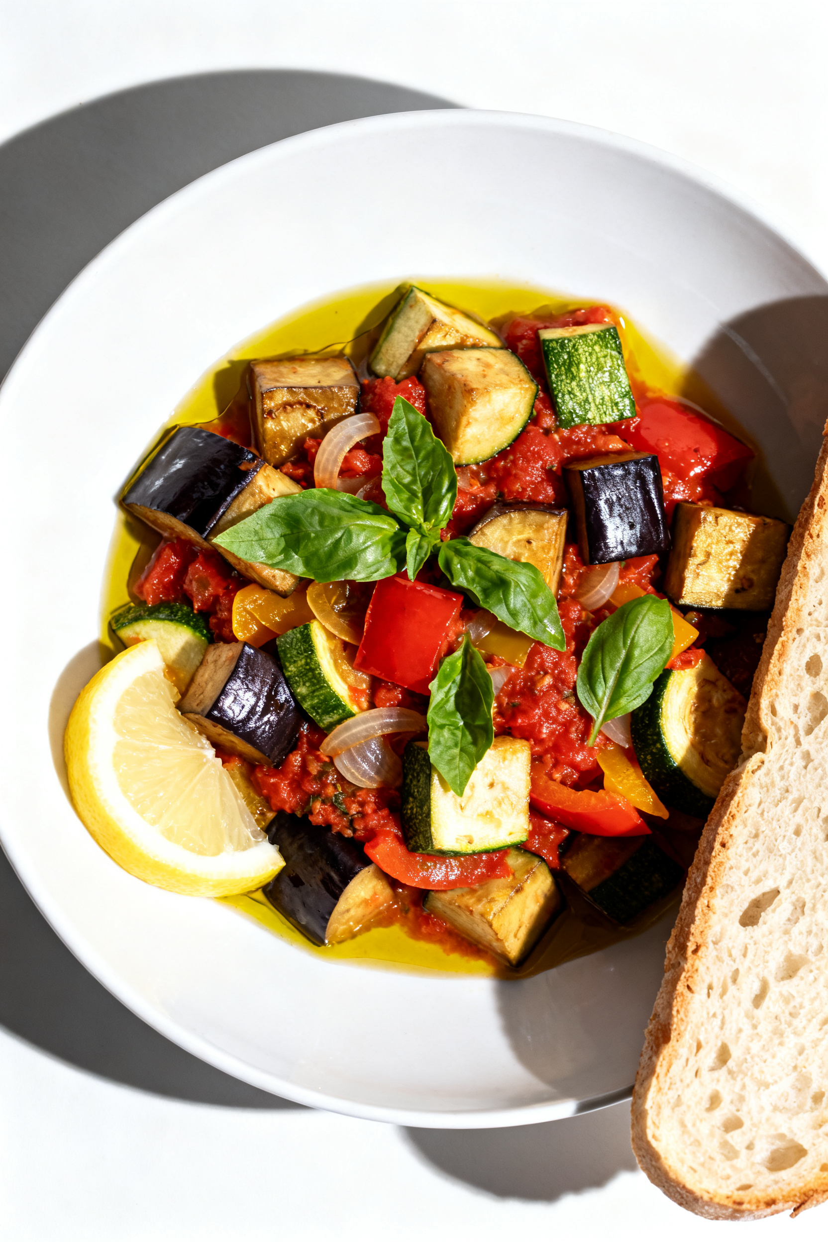 Overhead final dish: Garden ratatouille plated in a wide, shallow white bowl—distinct softened cub
