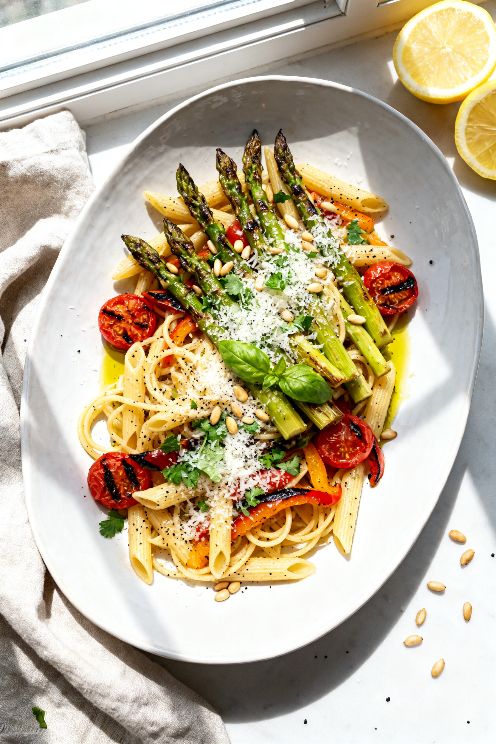 Overhead final dish: Tasty of Grilled Asparagus Leftover BBQ Veggie Pasta on a wide white ceramic pl