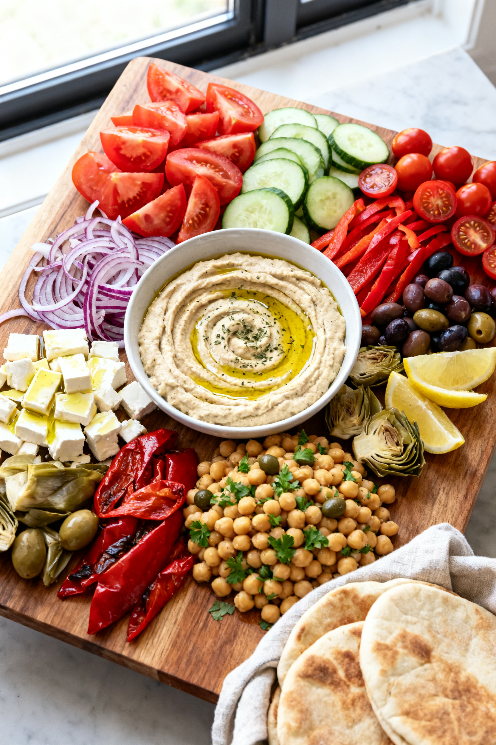 Overhead shot of a fully assembled no-cook Mediterranean salad platter on a large wooden board: clus