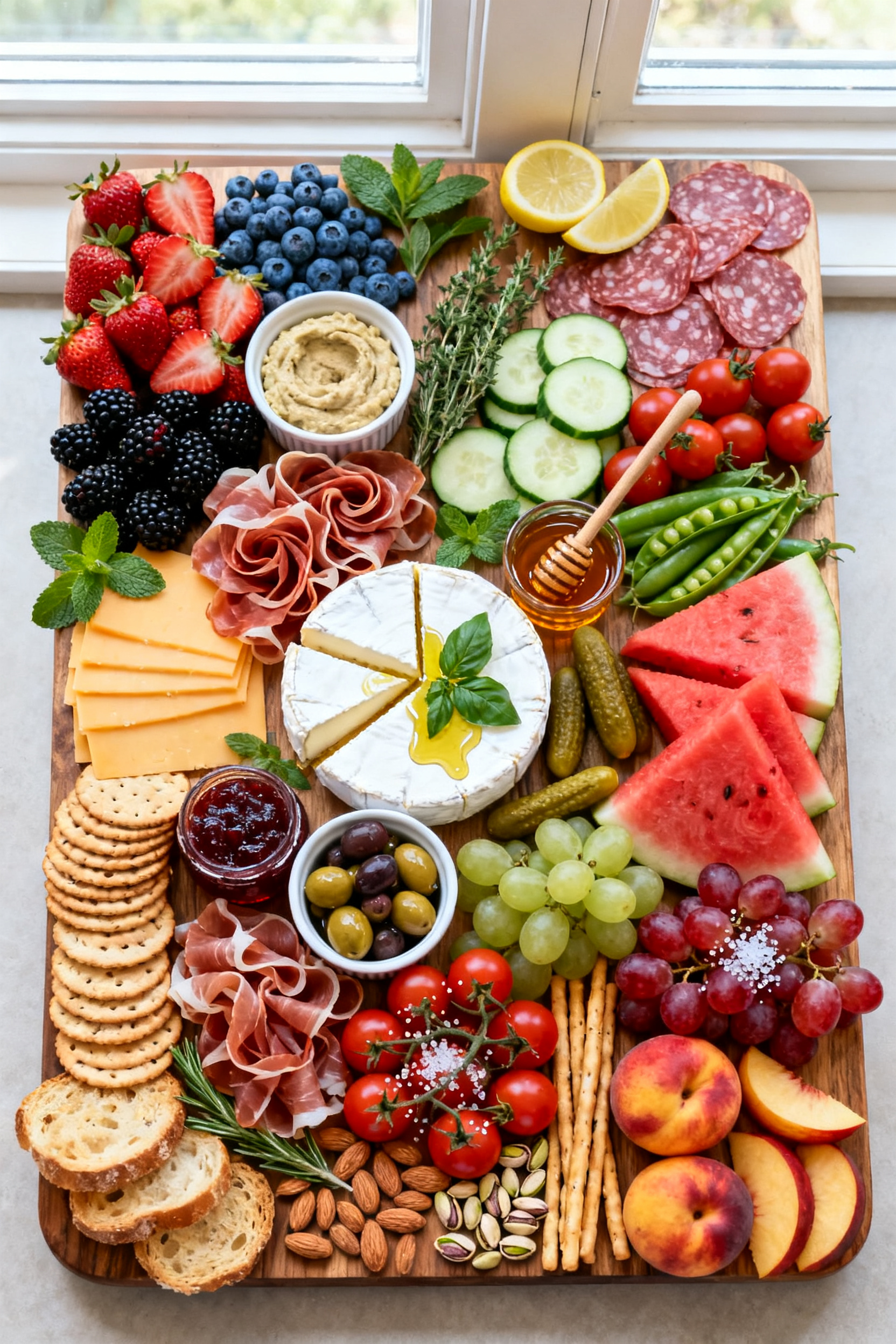 Overhead shot of a fully assembled summer charcuterie board on a large wooden platter: brie wheel wi