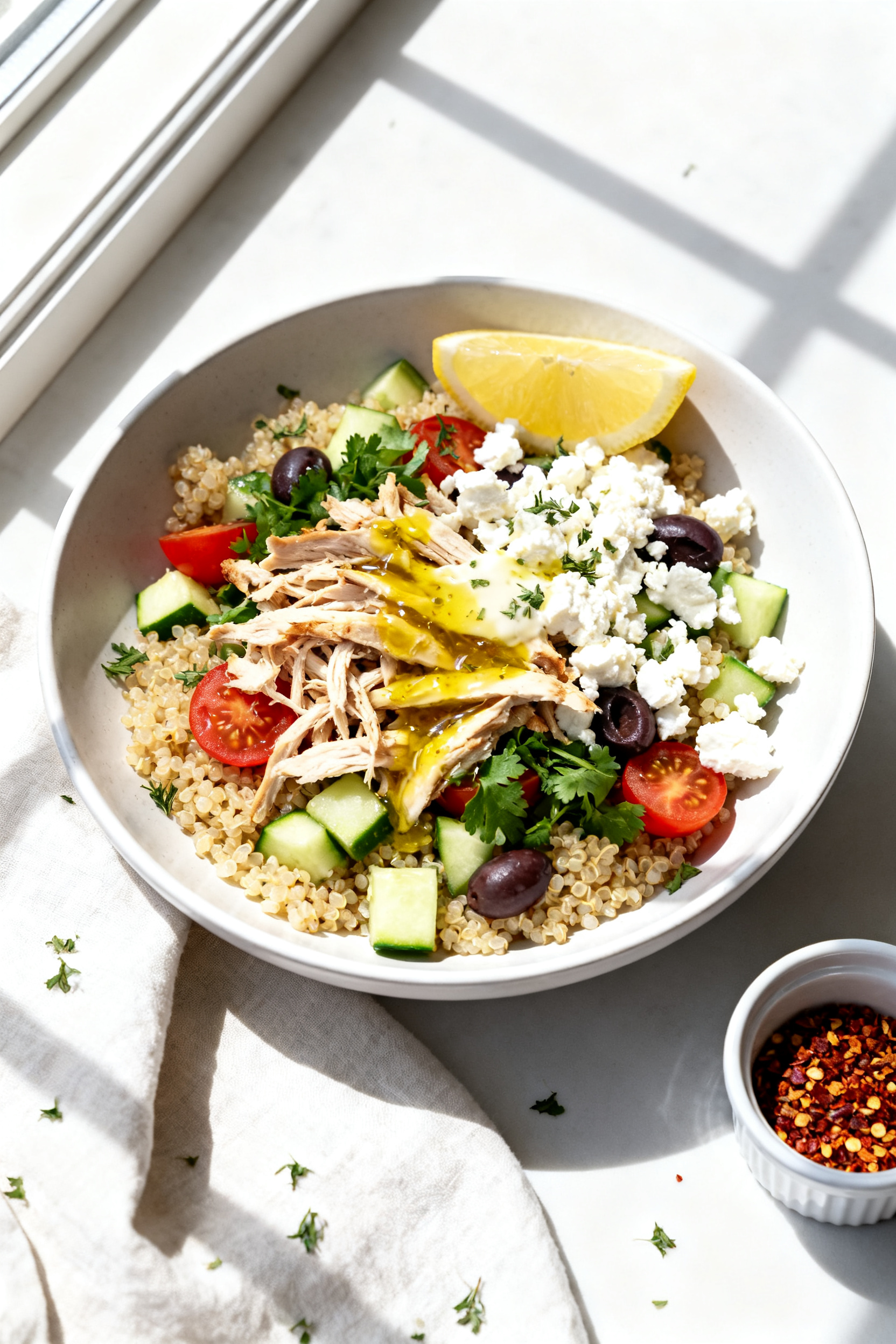 Overhead shot of a Mediterranean leftover grain bowl: fluffy quinoa mixed with chopped cucumbers, ch
