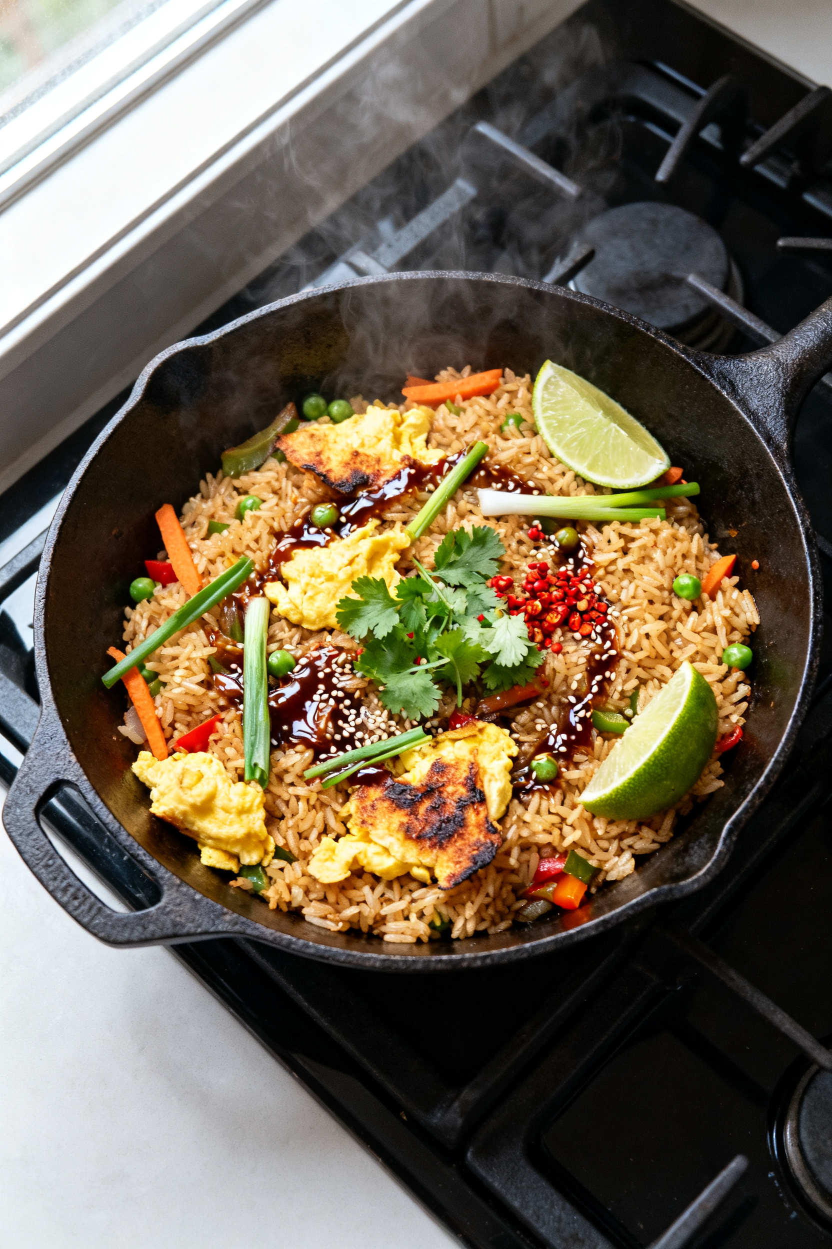 Quick Leftover Meal Ideas - Simple, Smart Ways to Use What You Have Overhead shot of Fried Rice Remix sizzling in a black carbon-steel skillet: golden, slightly crisped
