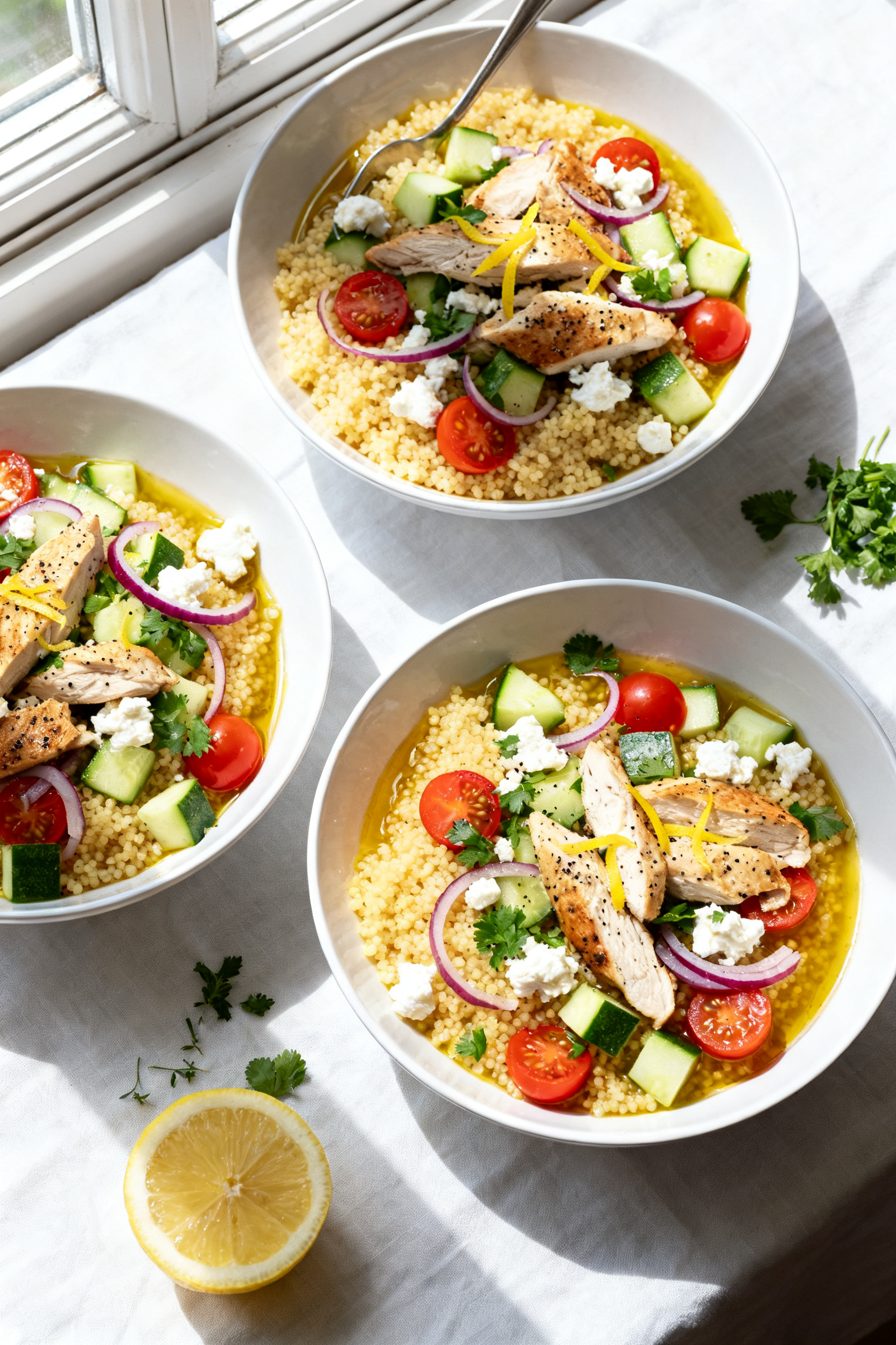 Overhead shot of Mediterranean couscous bowls: fluffy couscous cooked in golden chicken stock, mixed