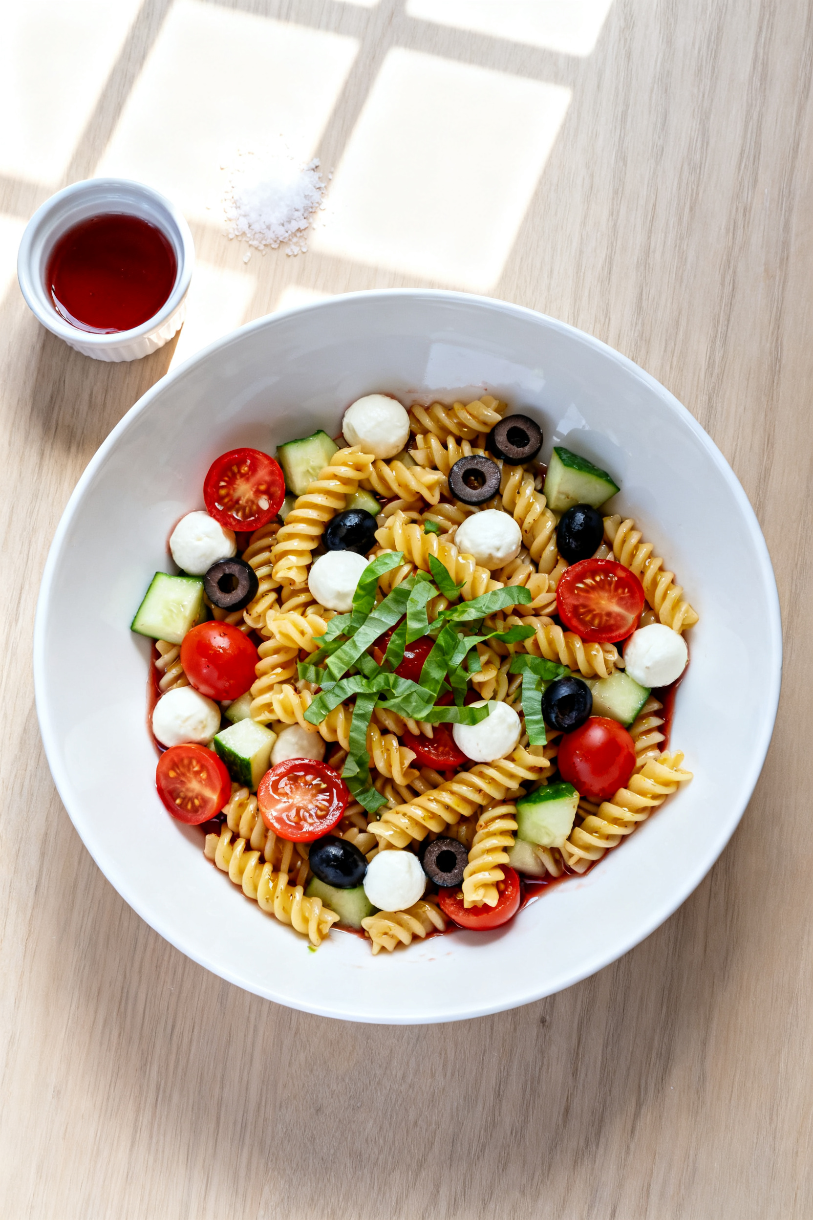 Summer Potluck Ideas — Save This for Your Next Potluck Overhead shot of Summer Pasta Salad, showing spiraled short pasta glistening with olive oil, halved