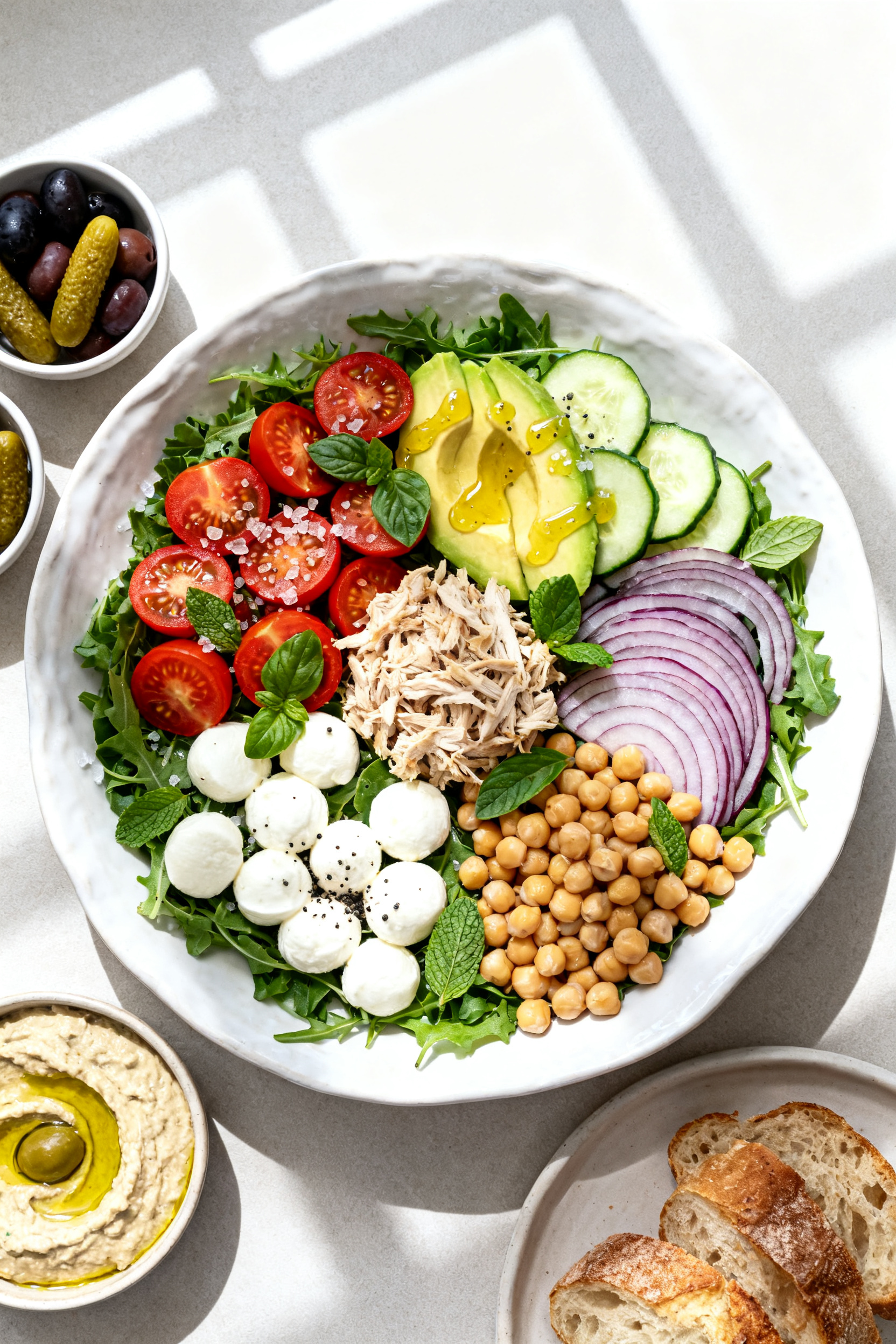 Overhead shot of the assembled no-cook summer salad platter on a large white ceramic platter: baby g