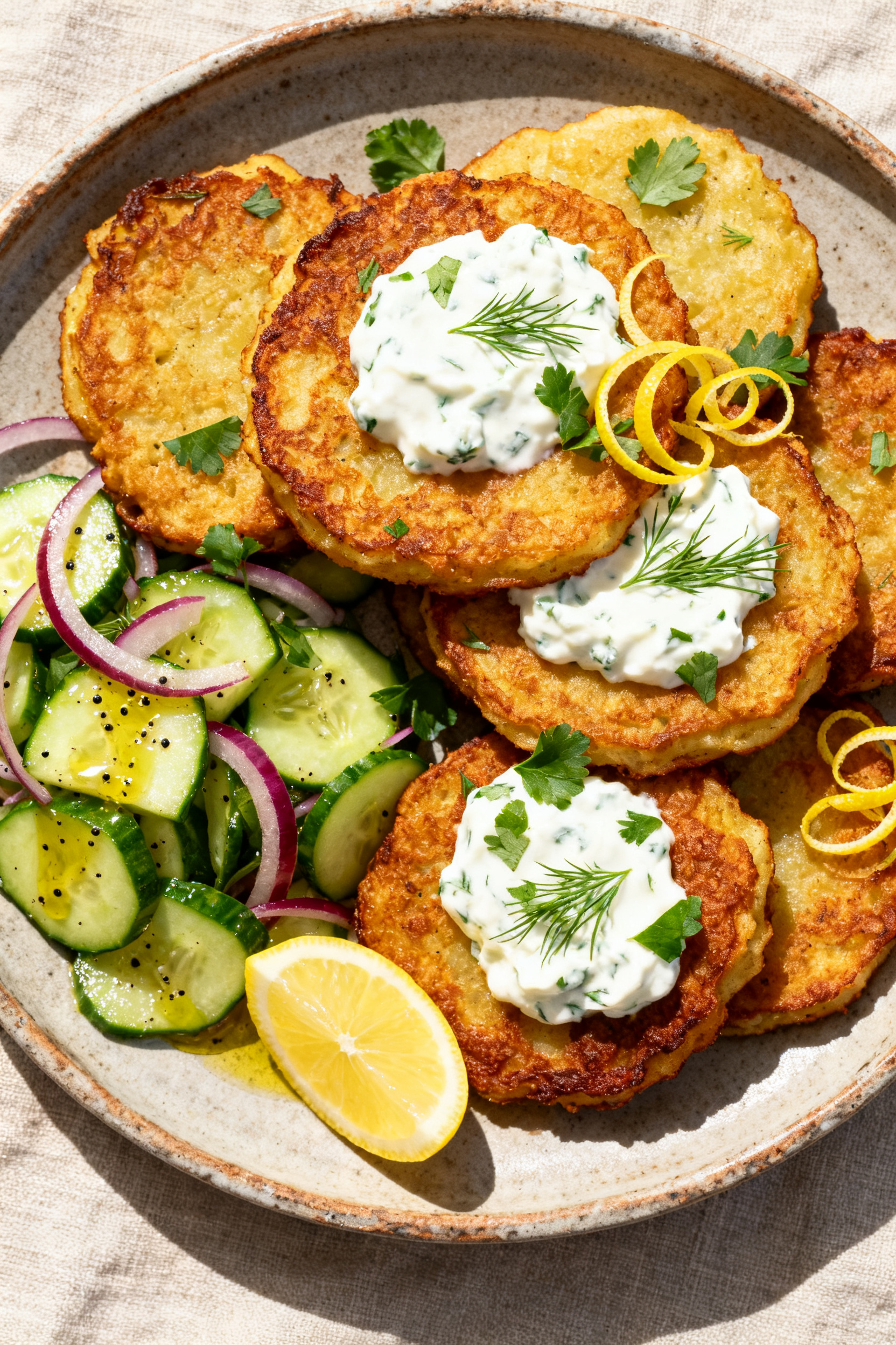 Overhead shot of the final summer plate: a rustic platter piled with crispy potato cakes topped with