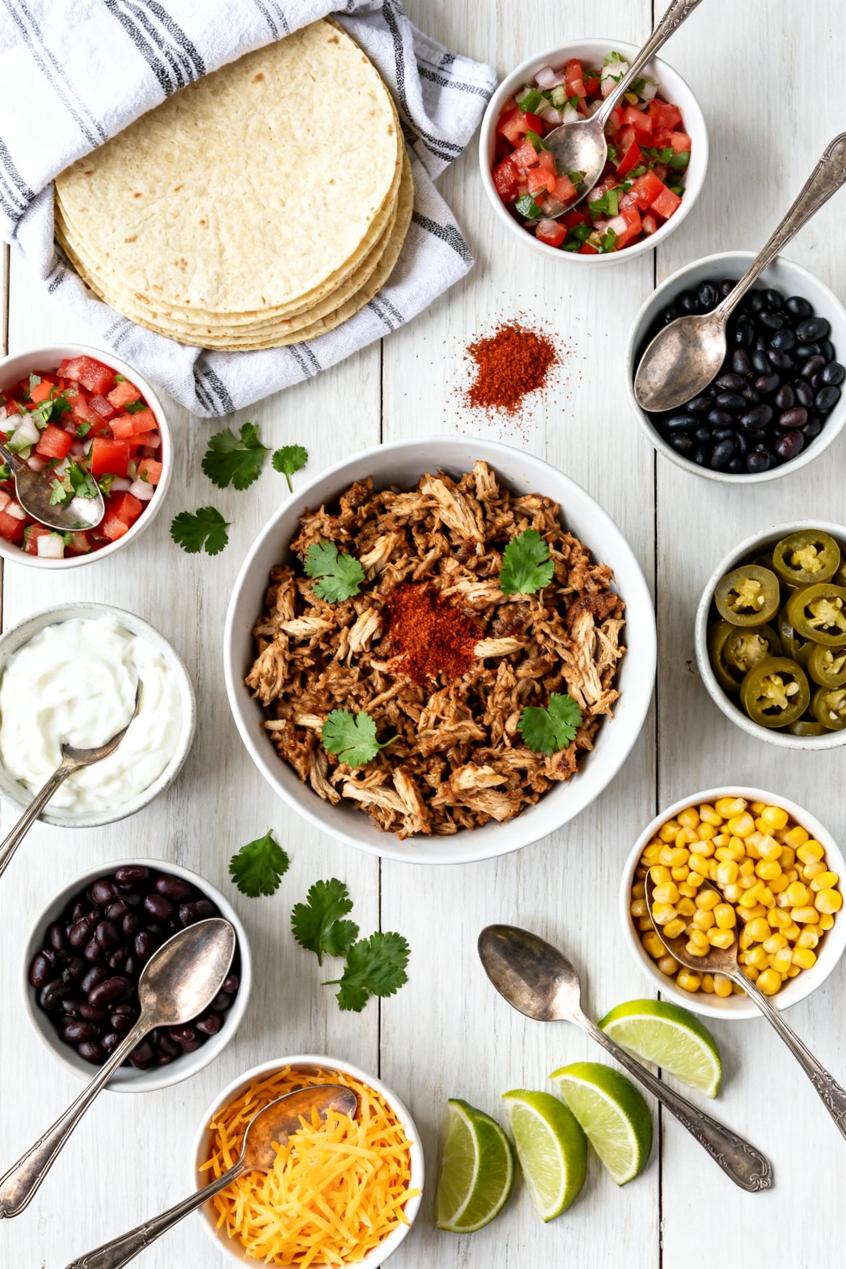 Overhead taco bar — Tasty top view of a DIY spread: a warm towel-wrapped stack of flour tortillas,