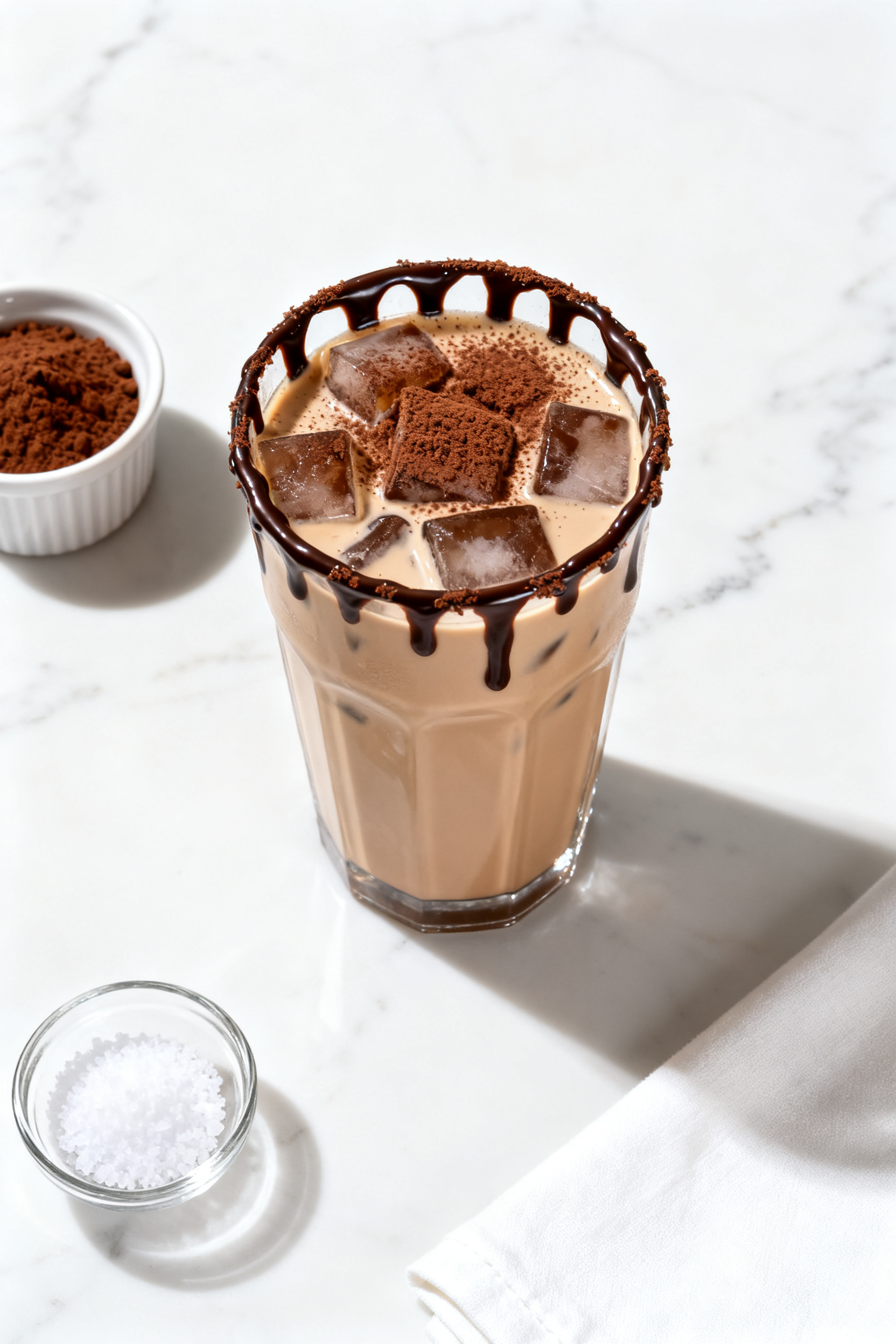 Summer Coffee Drinks — Skip the Coffee Shop - Cool, Easy, and Affordable Overhead “tasty top view”: A mocha iced latte finished with a neat chocolate sauce drizzle along