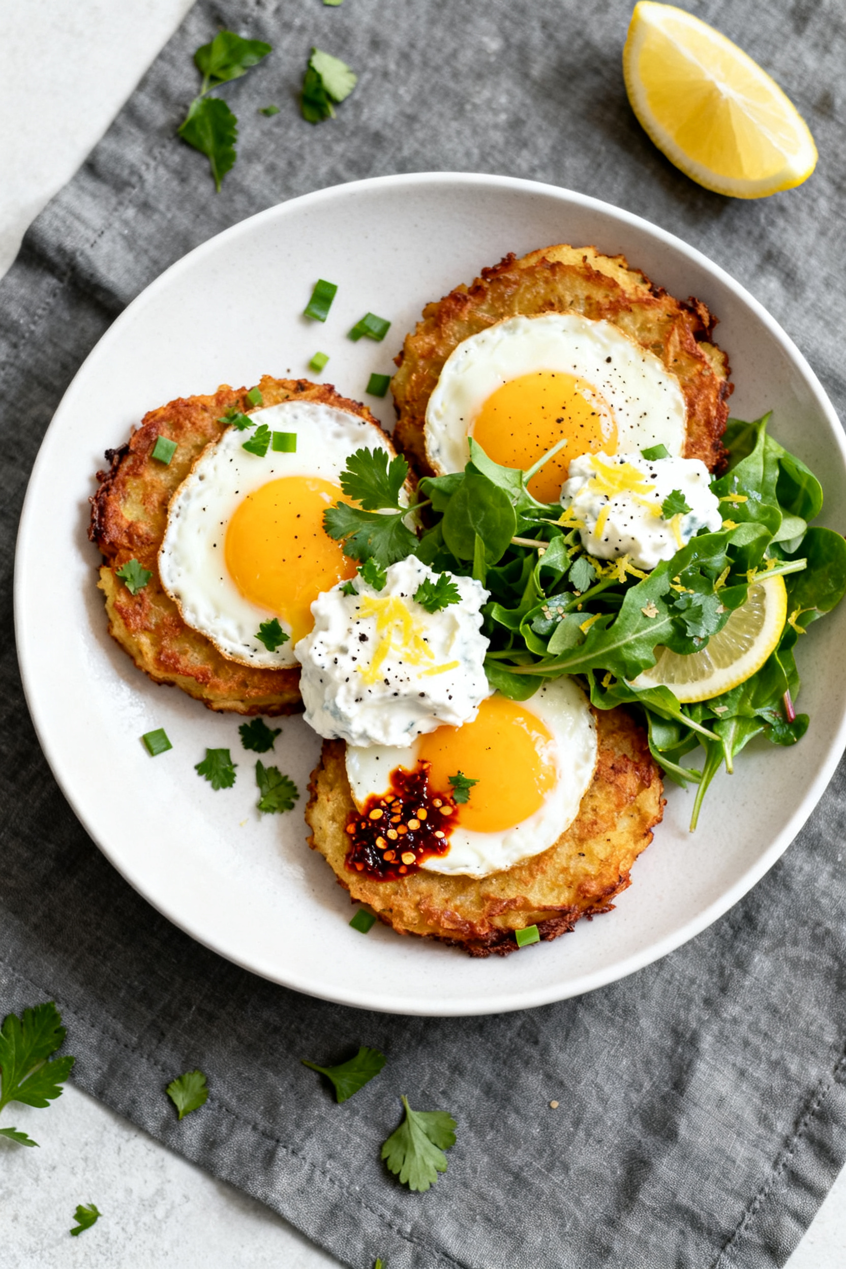 Fridge Almost Empty? Make This Tonight → Leftover Mashed Potatoes Almost Gone — Make This Tonight - Crispy Potato Cakes With Quick Pantry Toppings Overhead “tasty top view”: A plate of three crispy potato cakes topped with a sunny fried egg (r