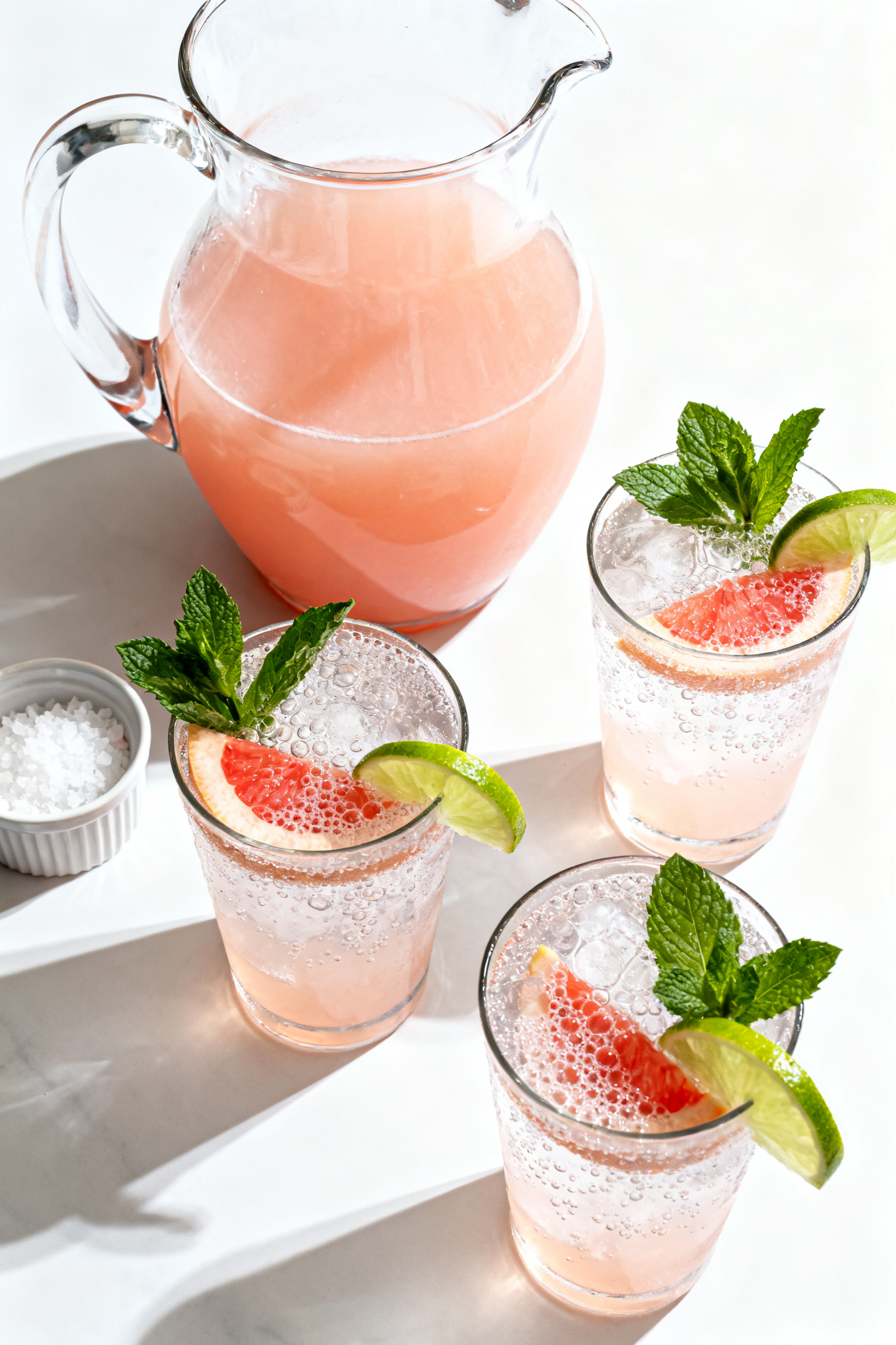 Summer Cocktail Recipes — The Cocktail Everyone Talks About - Bright, Refreshing, Crowd-Pleasing Overhead “tasty top view” of a batched pitcher service and final pours: a clear glass pitcher fi