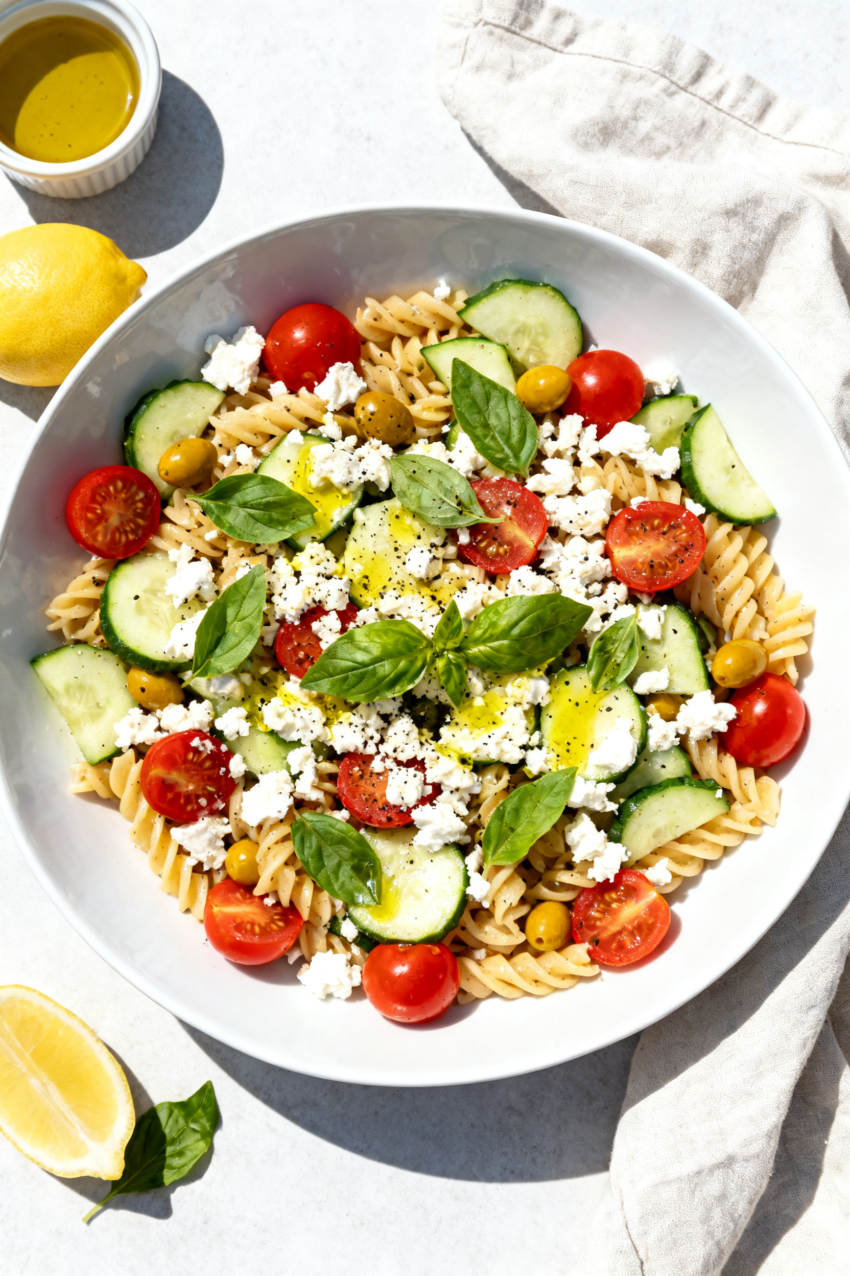 Overhead “tasty top-view” of the final Summer Pasta Salad arranged family-style in a wide, shall