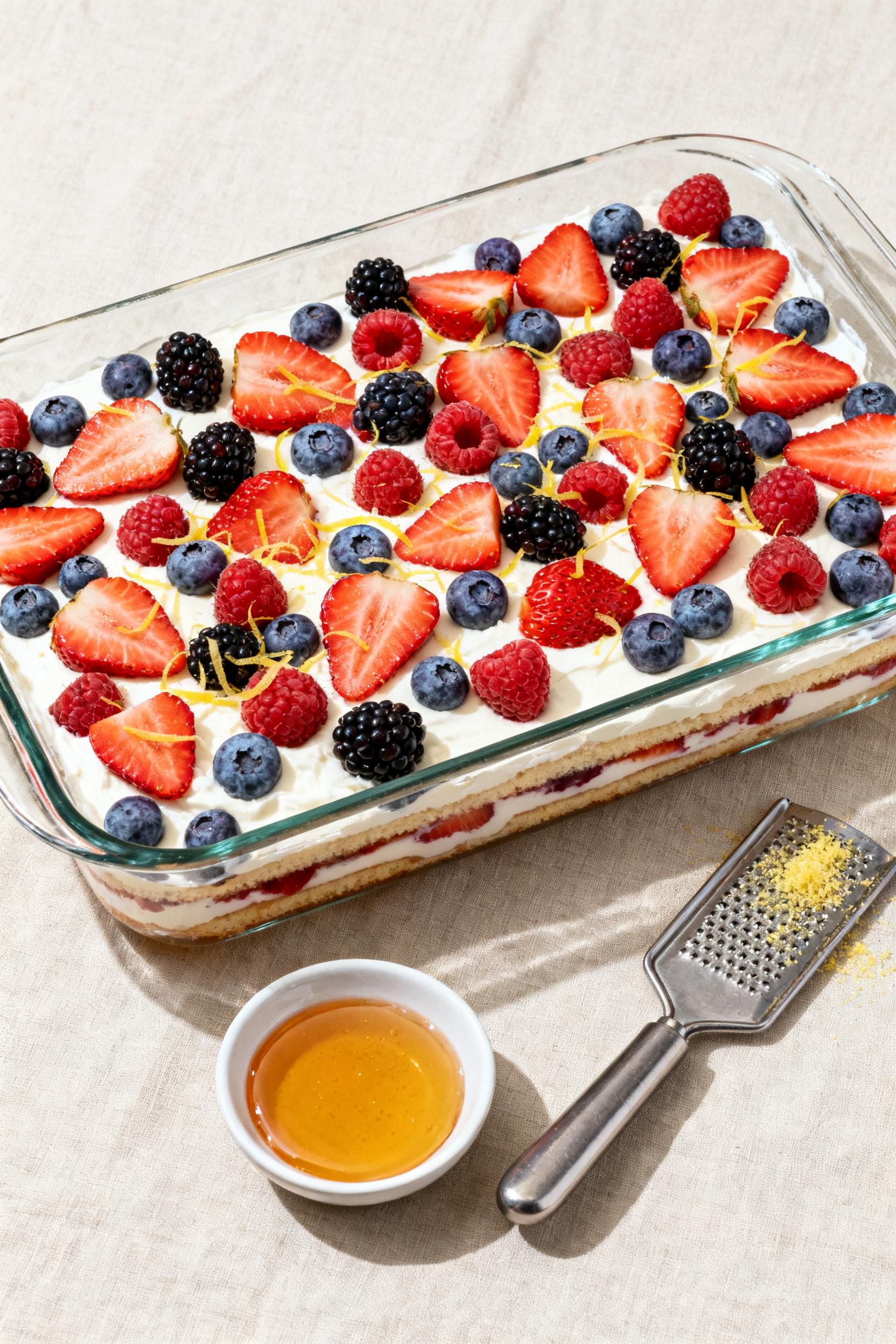 Overhead “tasty top view”: The fully assembled icebox cake in a 9x13 glass dish, final presentat