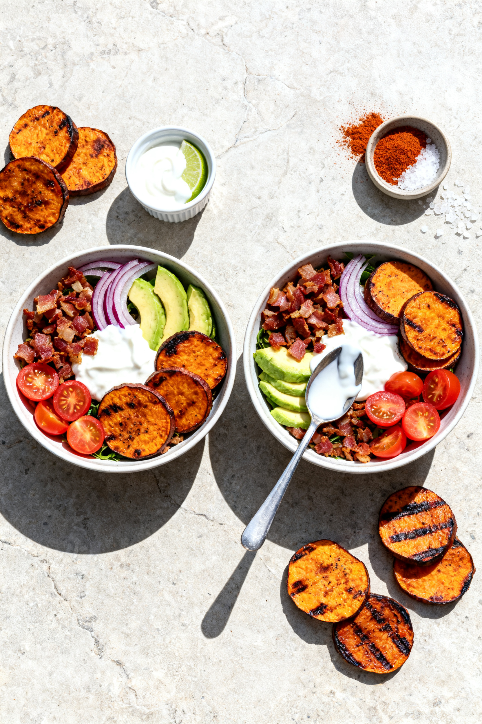 Grilled Sweet Potatoes Recipe — BBQ Breakfast Bowl Overhead “tasty top view”: Top-down shot of two breakfast bowls side-by-side showing symmetrical