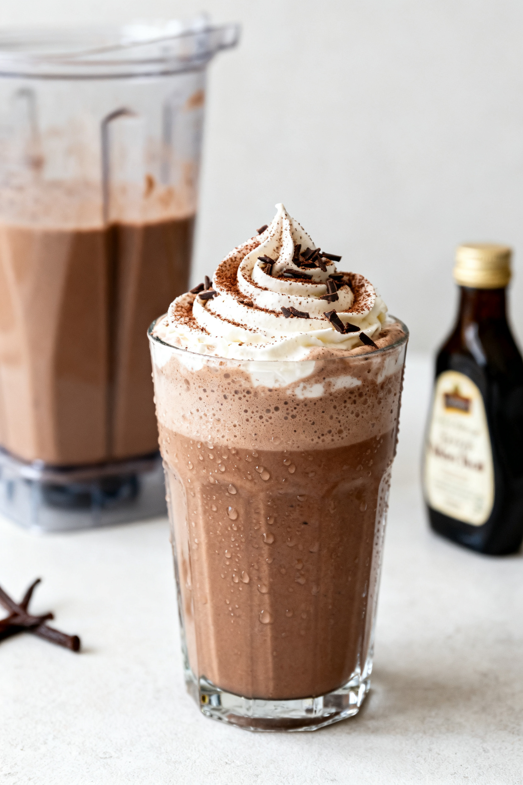 Summer Coffee Drinks — Skip the Coffee Shop - Cool, Easy, and Affordable Process action shot (blended drink): Blended mocha frappe just poured into a chilled glass, thick an