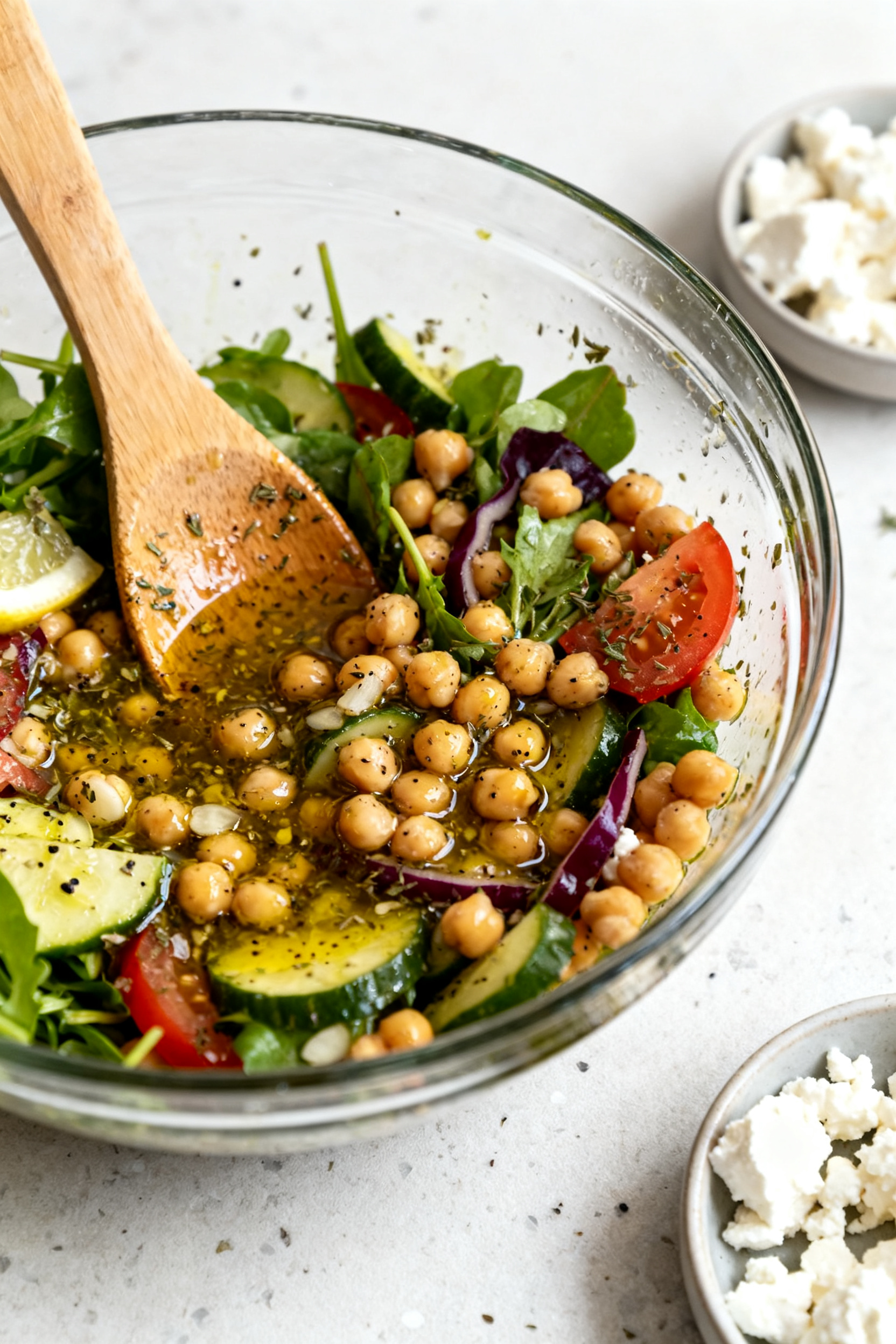 Process-in-action: The dressed salad being gently tossed in a large glass mixing bowl with a wide wo
