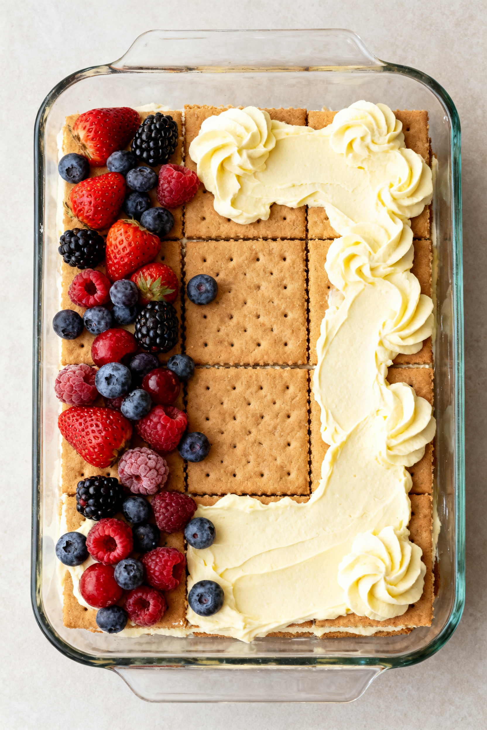 Process moment (prepared stage): The final layering step of the icebox cake in a 9x9 glass dish—se
