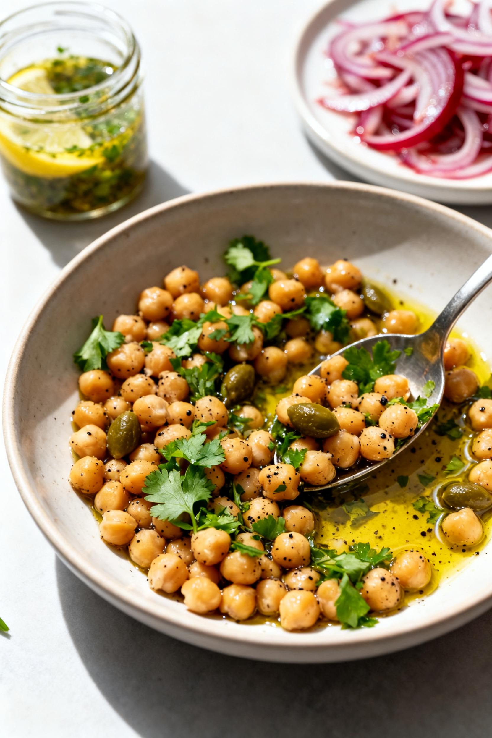 Process-style, prepared components coming together: a shallow bowl of chickpeas dressed with olive o