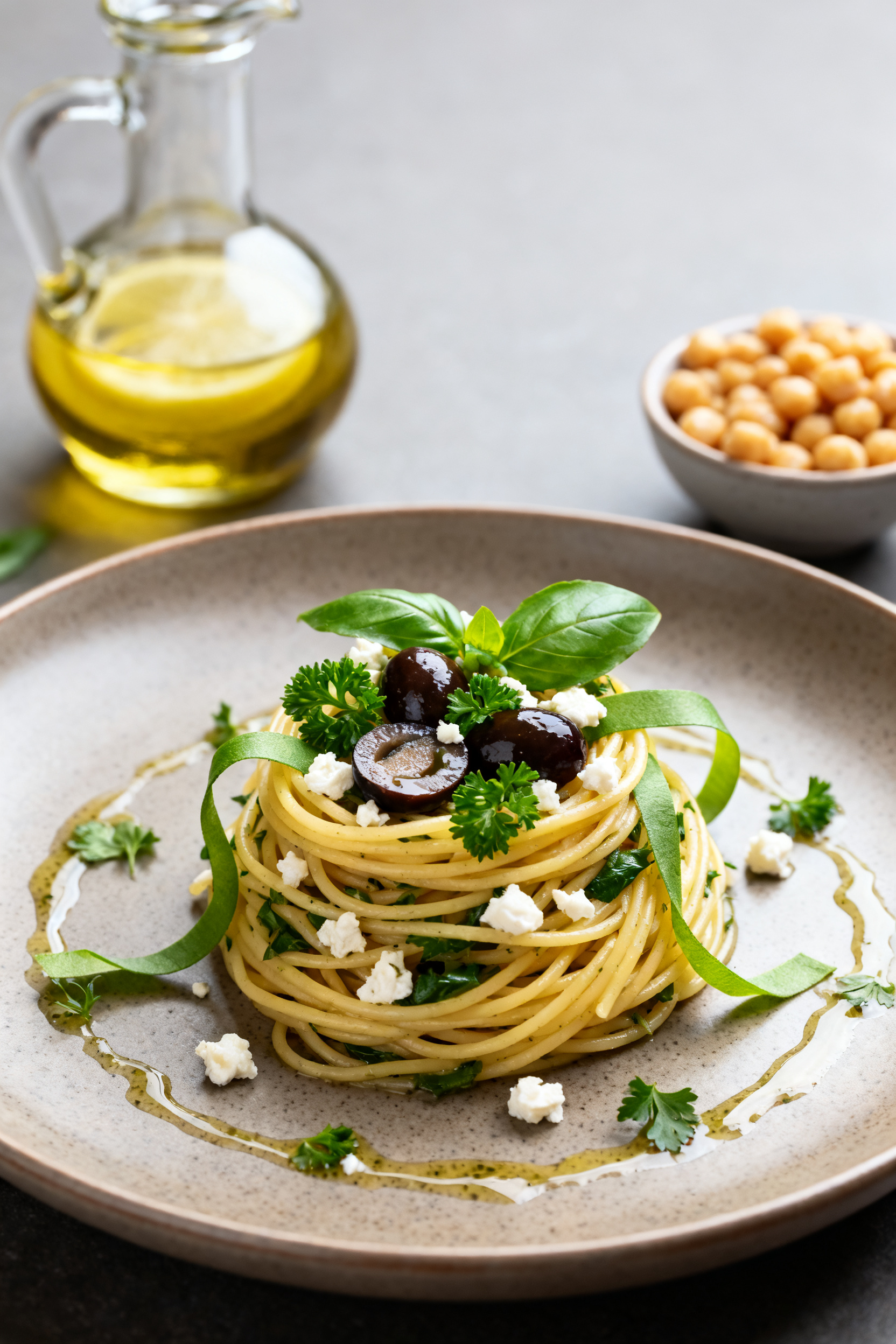 Restaurant-quality plated presentation of a single-serve portion of Summer Pasta Salad: twirled moun